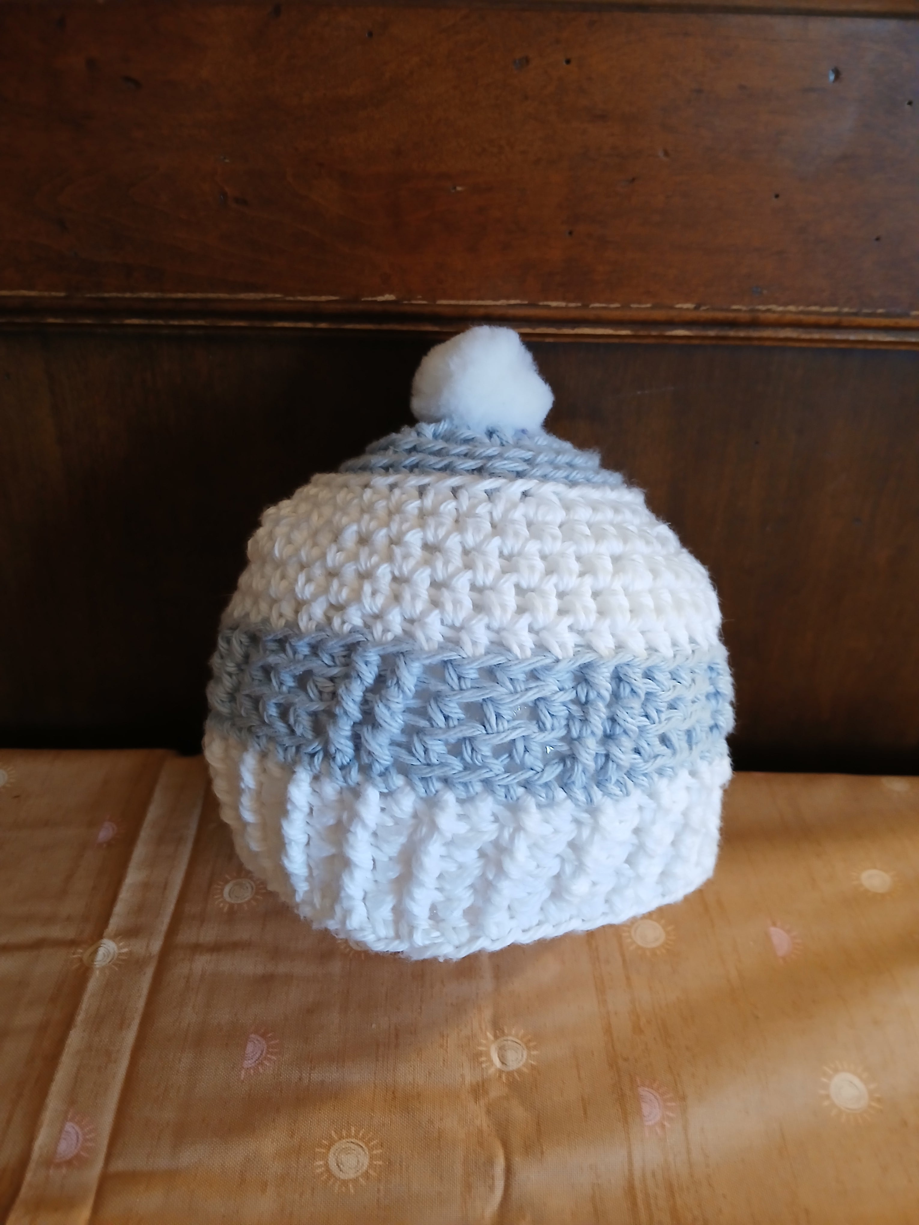 Hand-crochet Baby Blue and white Infant / Baby hat with PomPom