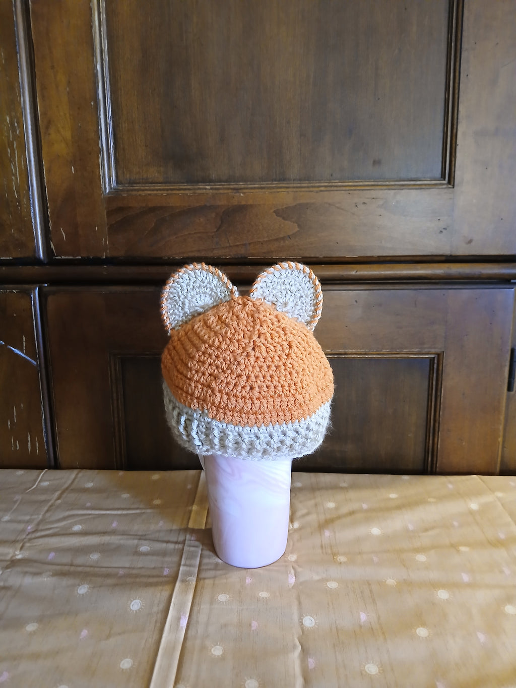 Crochet "Brave little Mouse" Infant / Baby hat in Ombre Orange and beige