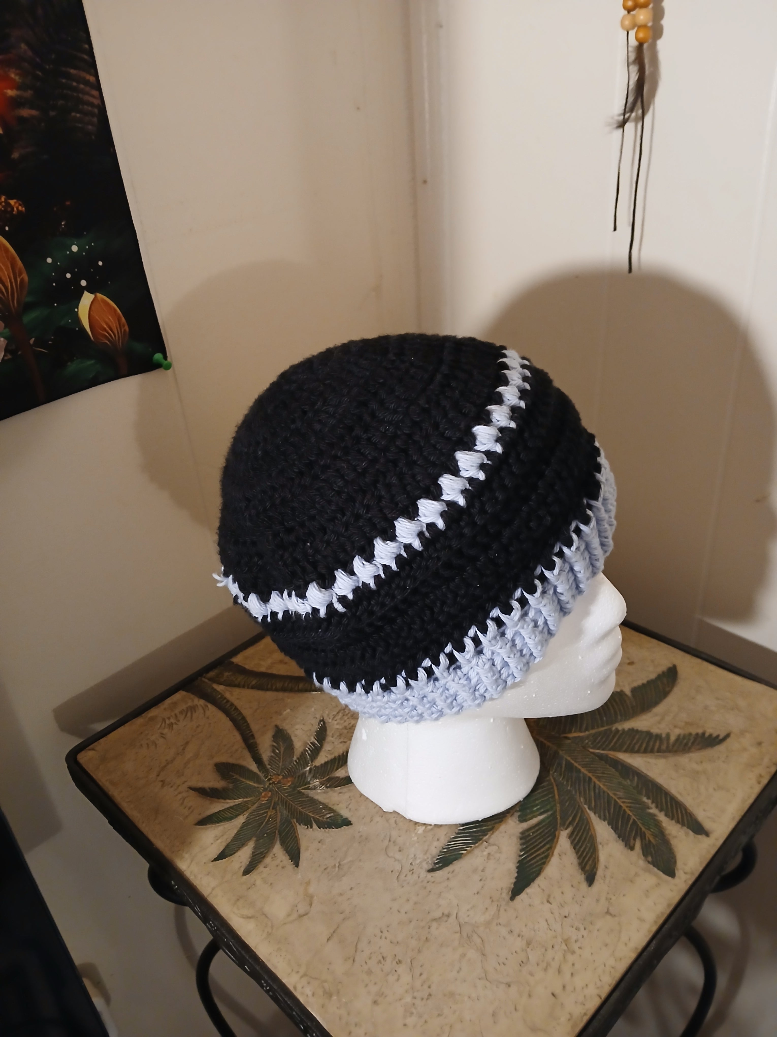 "Feeling cute today" light blue and black with crochet flower hat