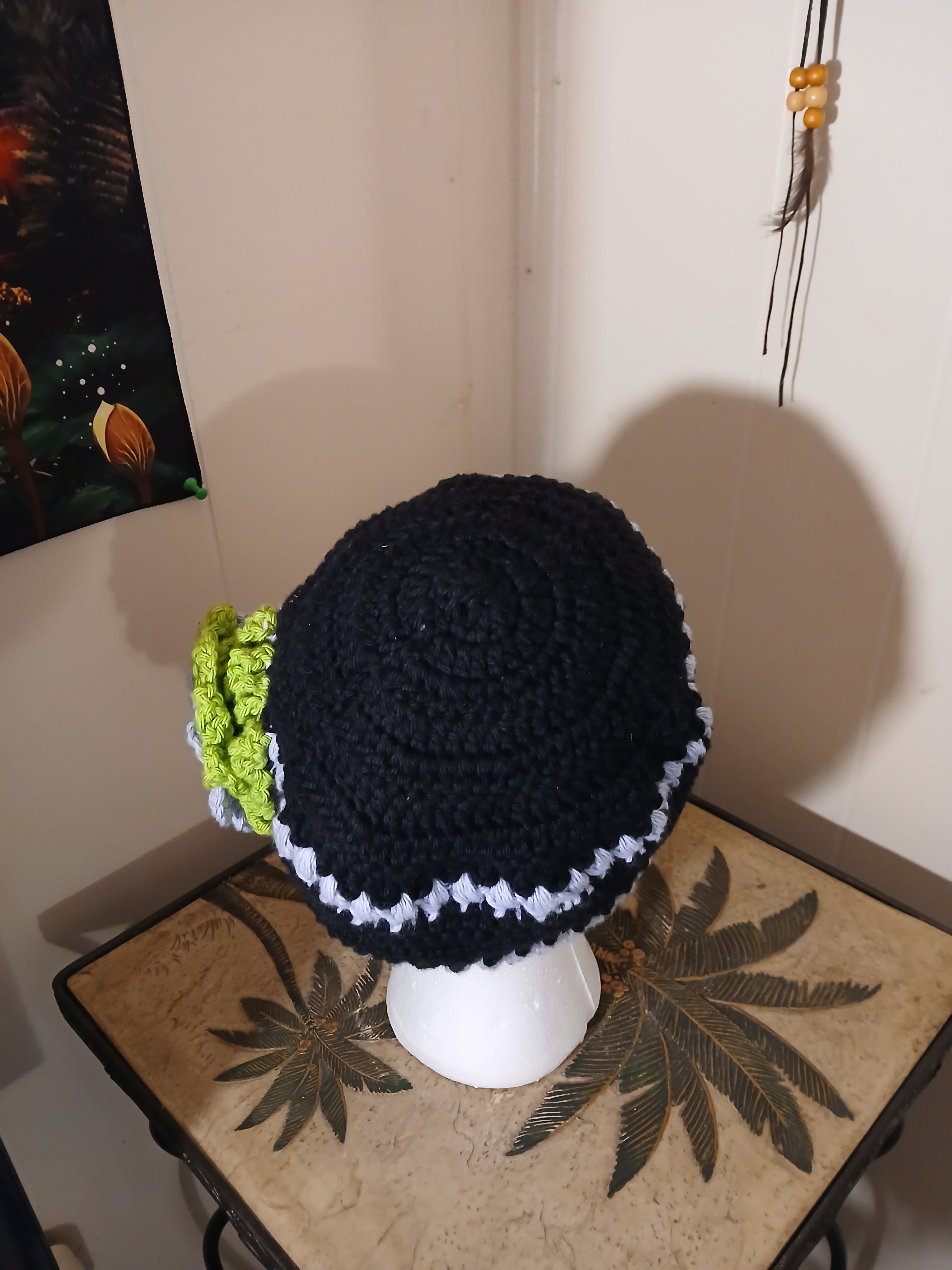"Feeling cute today" light blue and black with crochet flower hat