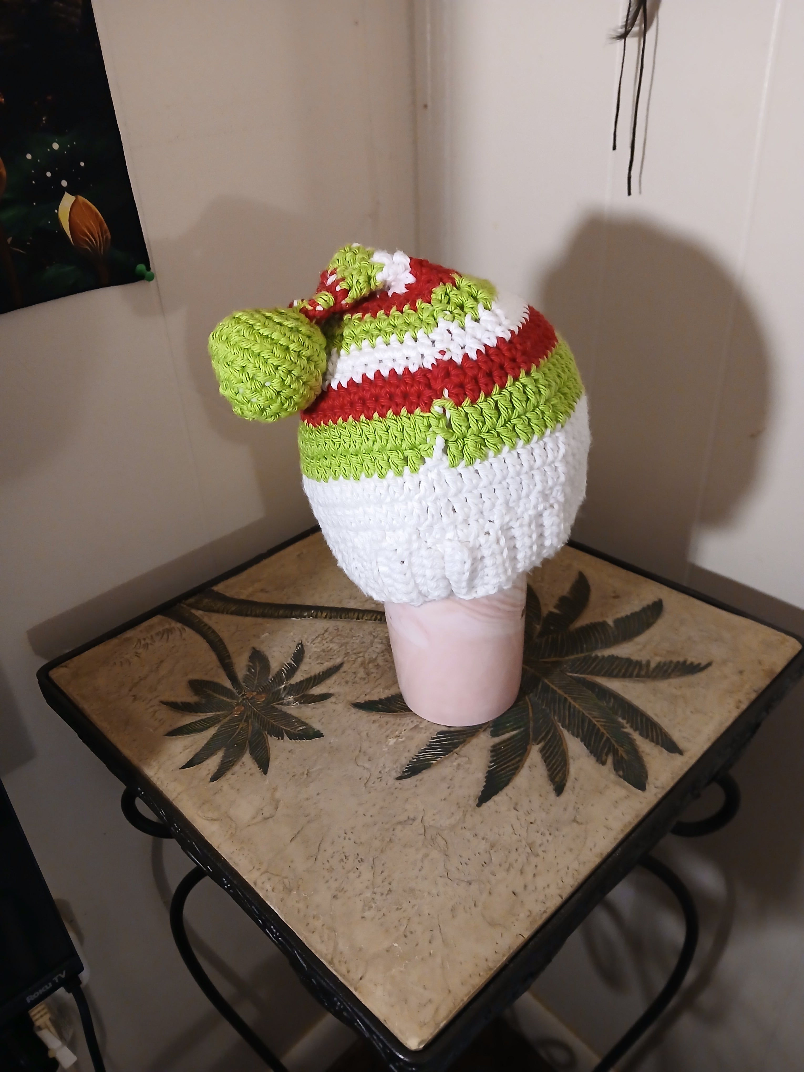 Crochet Christmas Elf inspired Baby / Infant Hat with crochet pompom