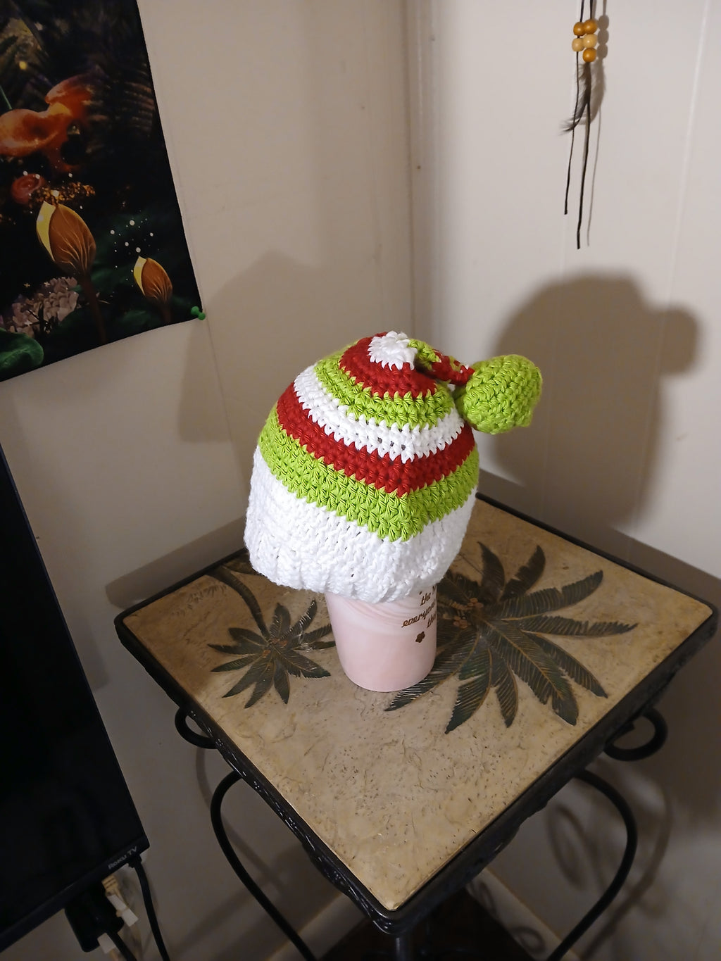 Crochet Christmas Elf inspired Baby / Infant Hat with crochet pompom