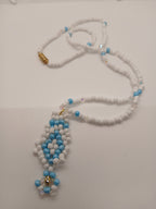 Light blue and white beaded pendant necklace with magnetic clasp  by Oma Regina