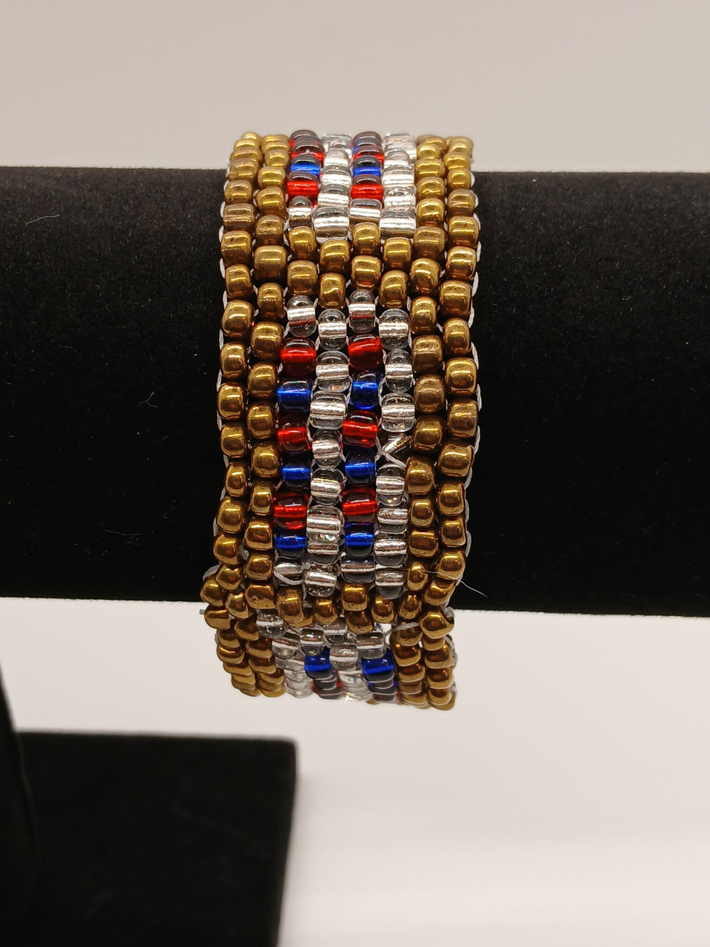 Bold 3-Piece Patriotic / Nautical hand beaded Jewelry Set - Red, White, Blue & Gold Geometric Design by Oma Regina