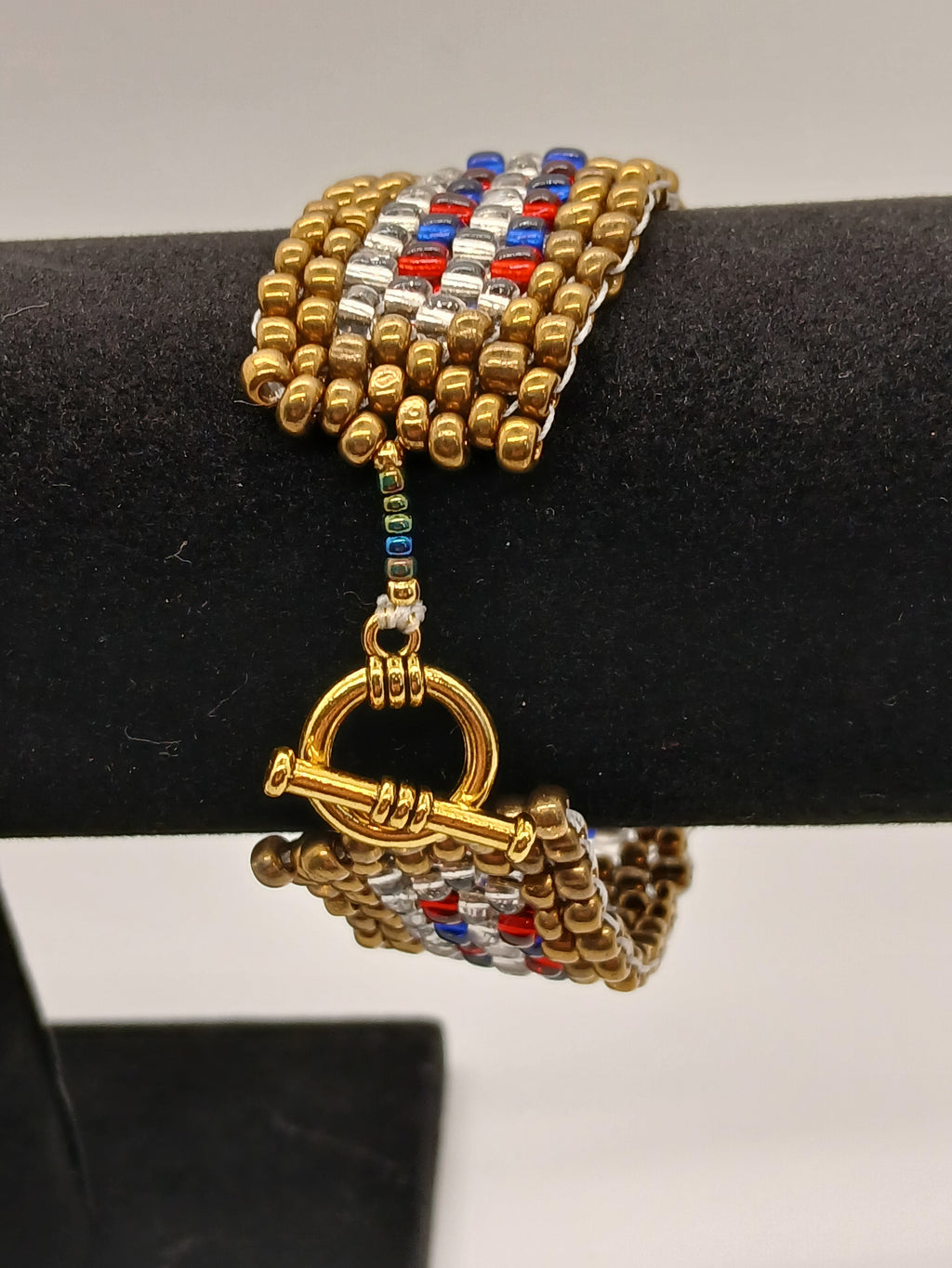 Bold 3-Piece Patriotic / Nautical hand beaded Jewelry Set - Red, White, Blue & Gold Geometric Design by Oma Regina