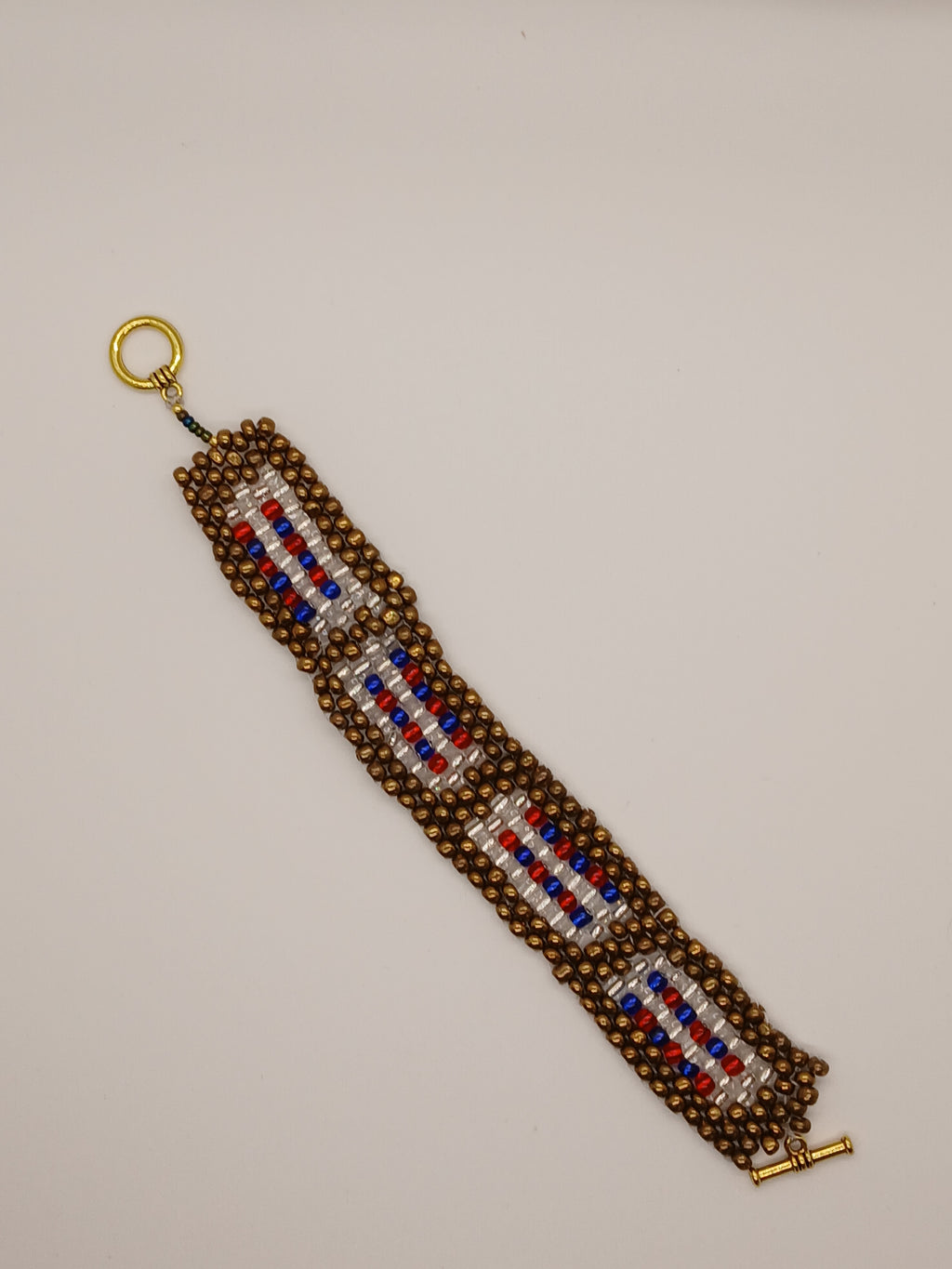 Bold 3-Piece Patriotic / Nautical hand beaded Jewelry Set - Red, White, Blue & Gold Geometric Design by Oma Regina