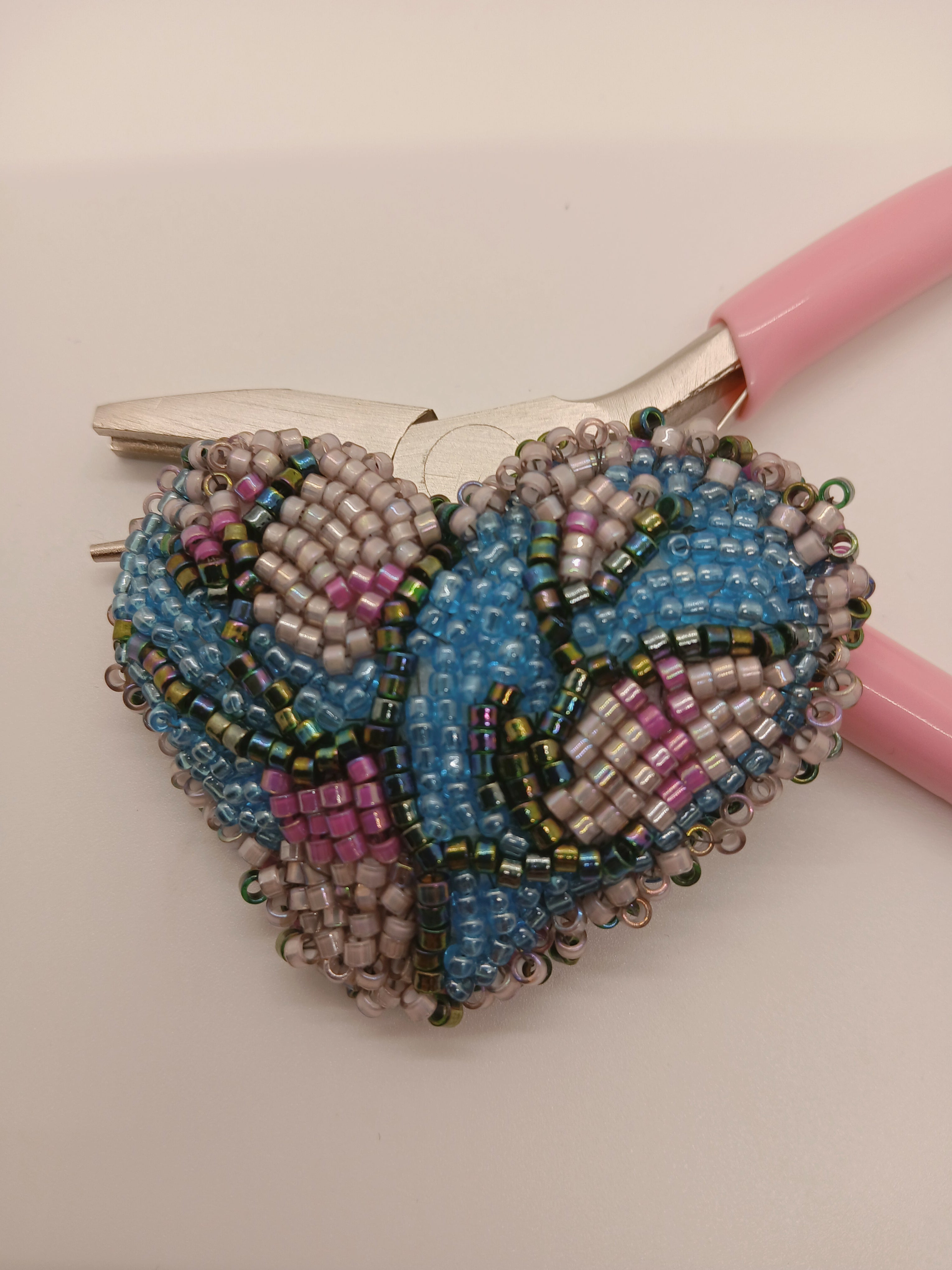 Hand-Beaded Heart Brooch - Iridescent Mosaic Statement Pin in Blue, Rose, and Pearl