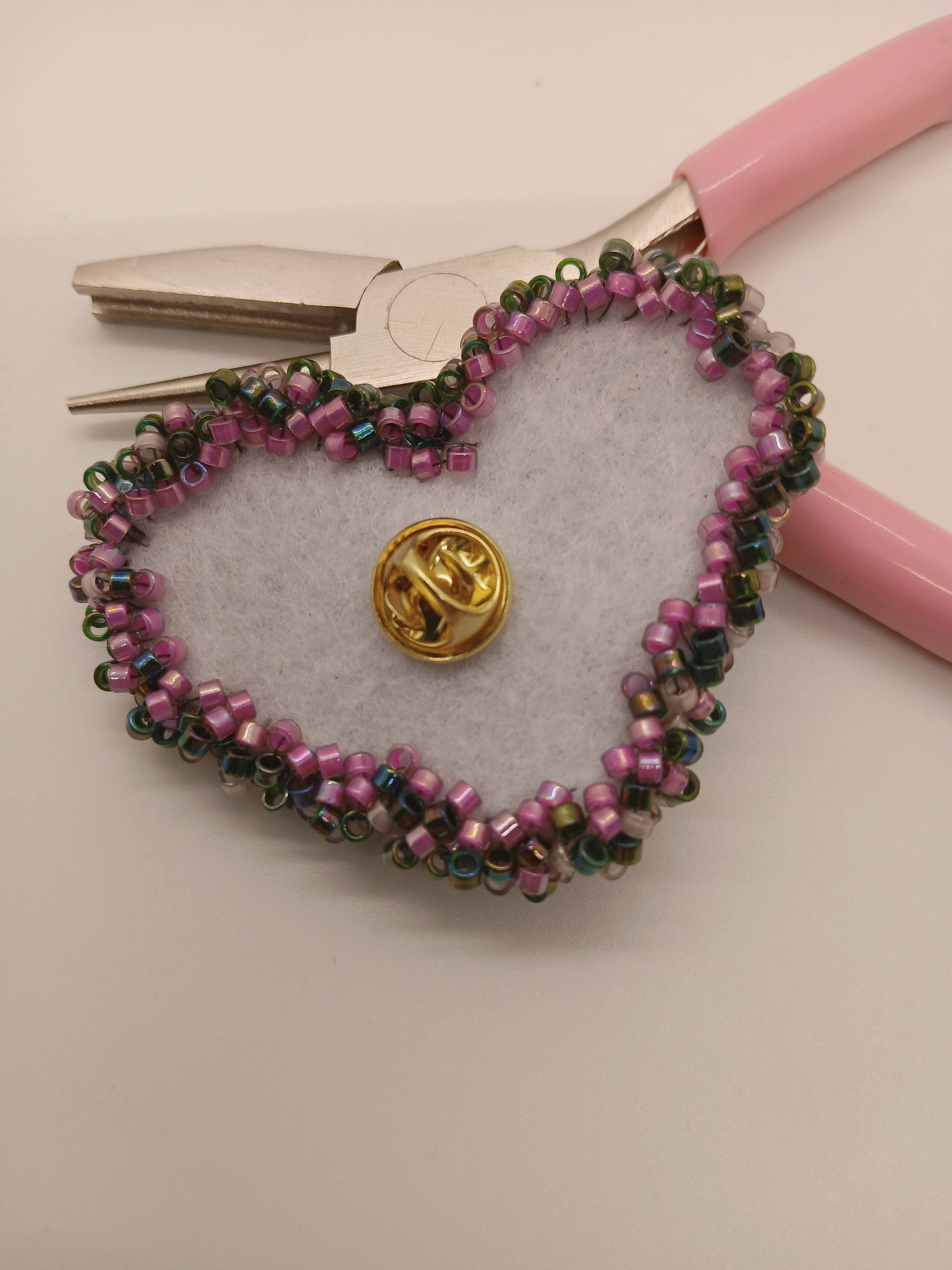 Hand-Beaded Heart Brooch - Iridescent Mosaic Statement Pin in Blue, Rose, and Pearl