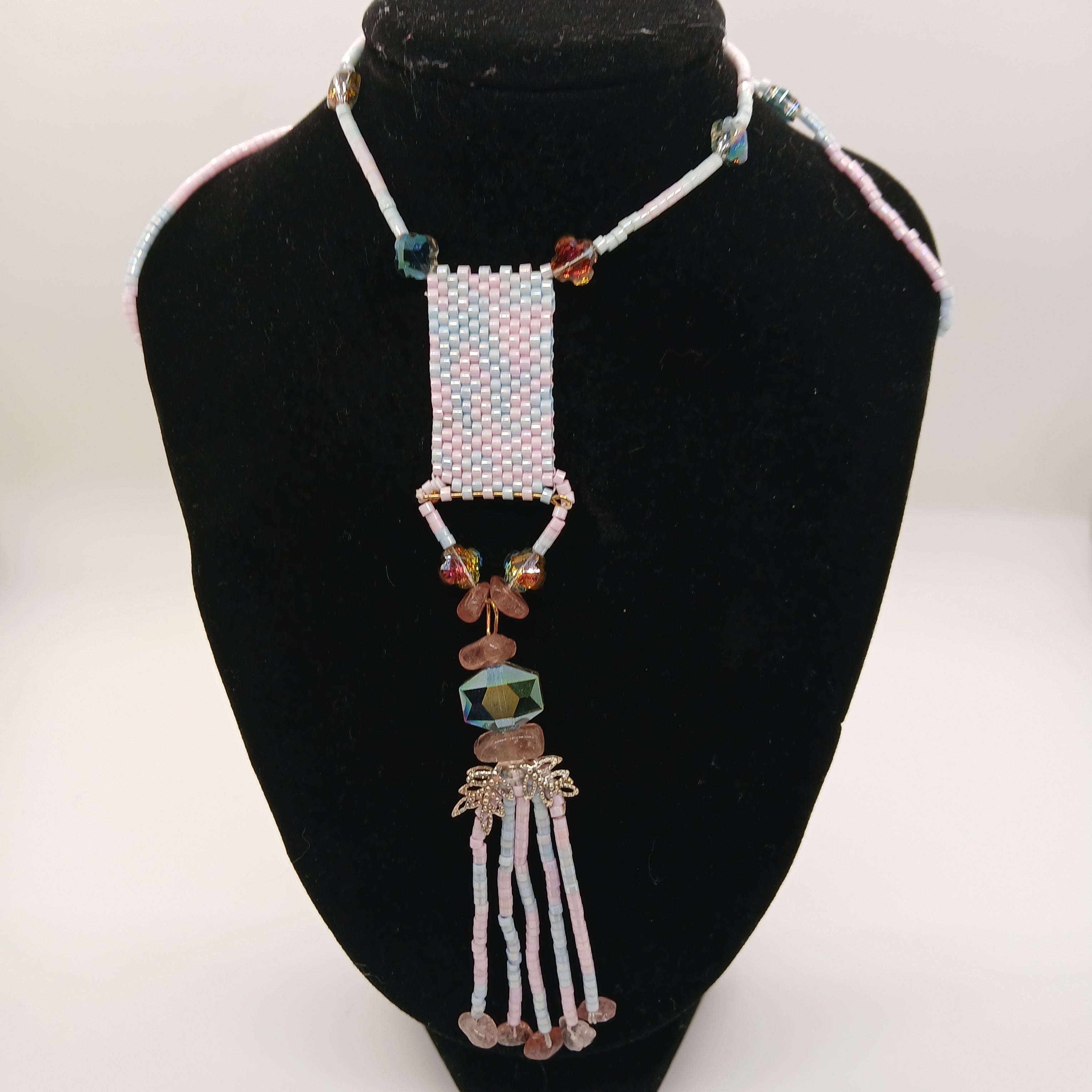 Original Hand-Beaded 24-Inch Necklace – Rose Quartz & Crystal Integrated Pendant – Pastel Pink & Blue – Includes USA Shipping