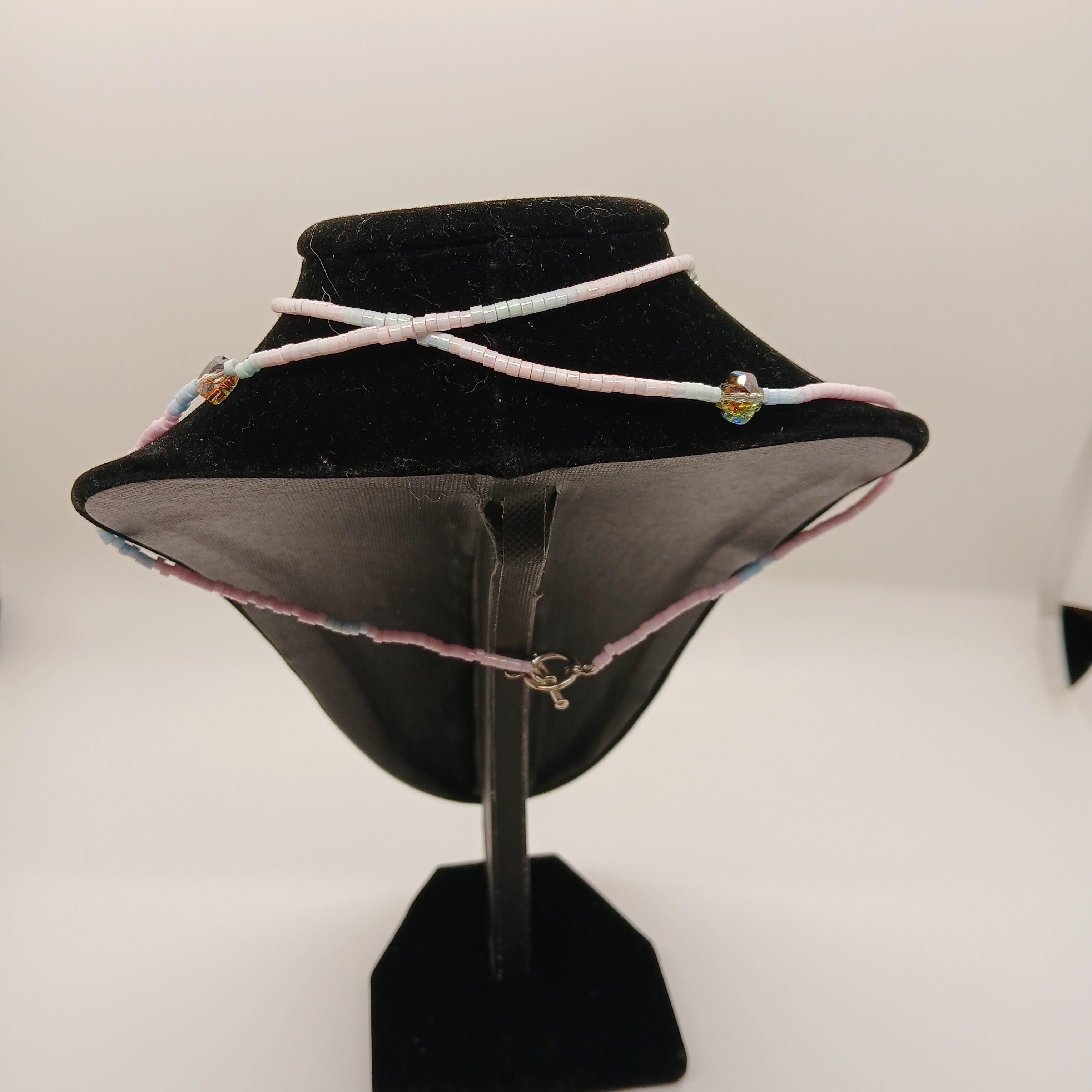 Original Hand-Beaded 24-Inch Necklace – Rose Quartz & Crystal Integrated Pendant – Pastel Pink & Blue – Includes USA Shipping