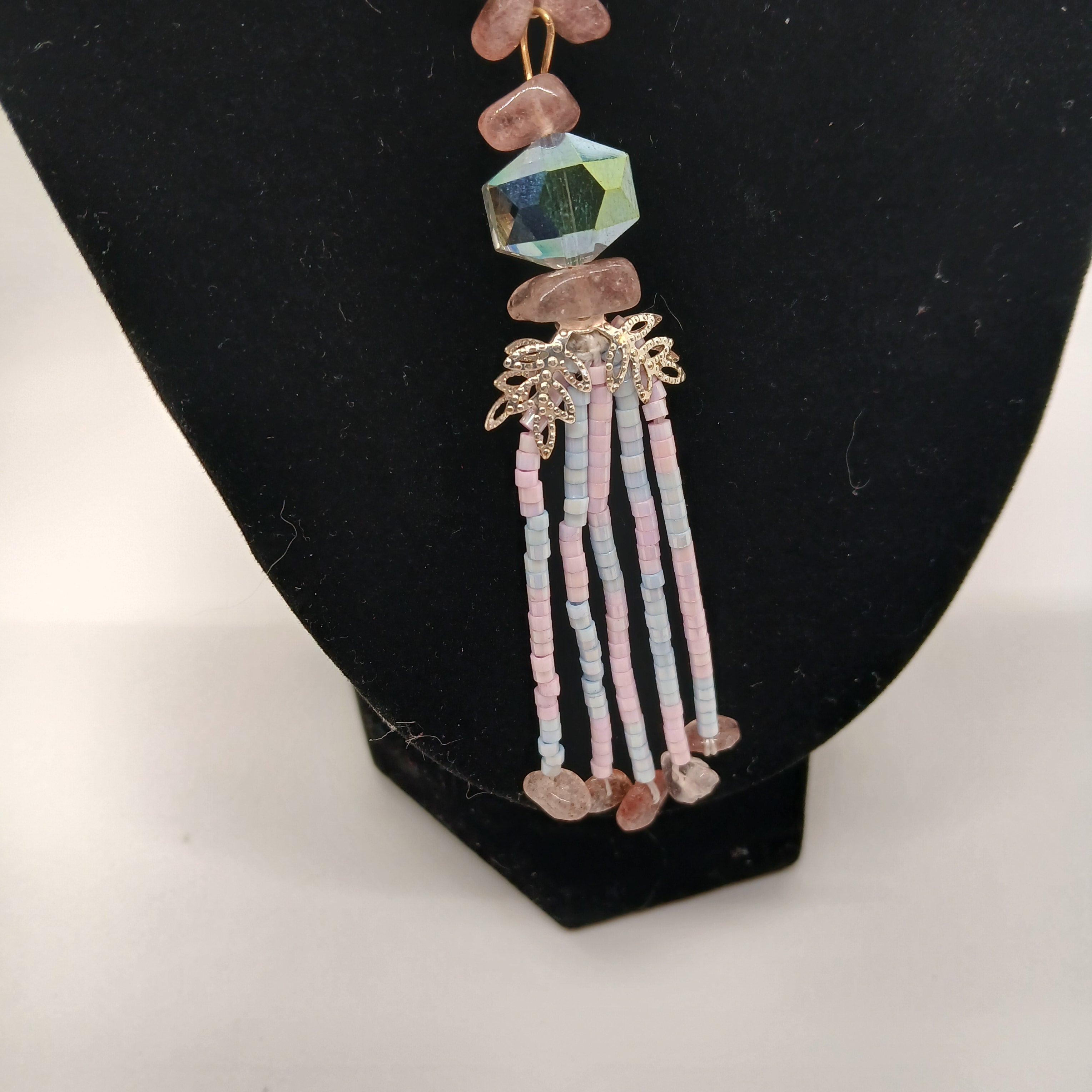 Original Hand-Beaded 24-Inch Necklace – Rose Quartz & Crystal Integrated Pendant – Pastel Pink & Blue – Includes USA Shipping