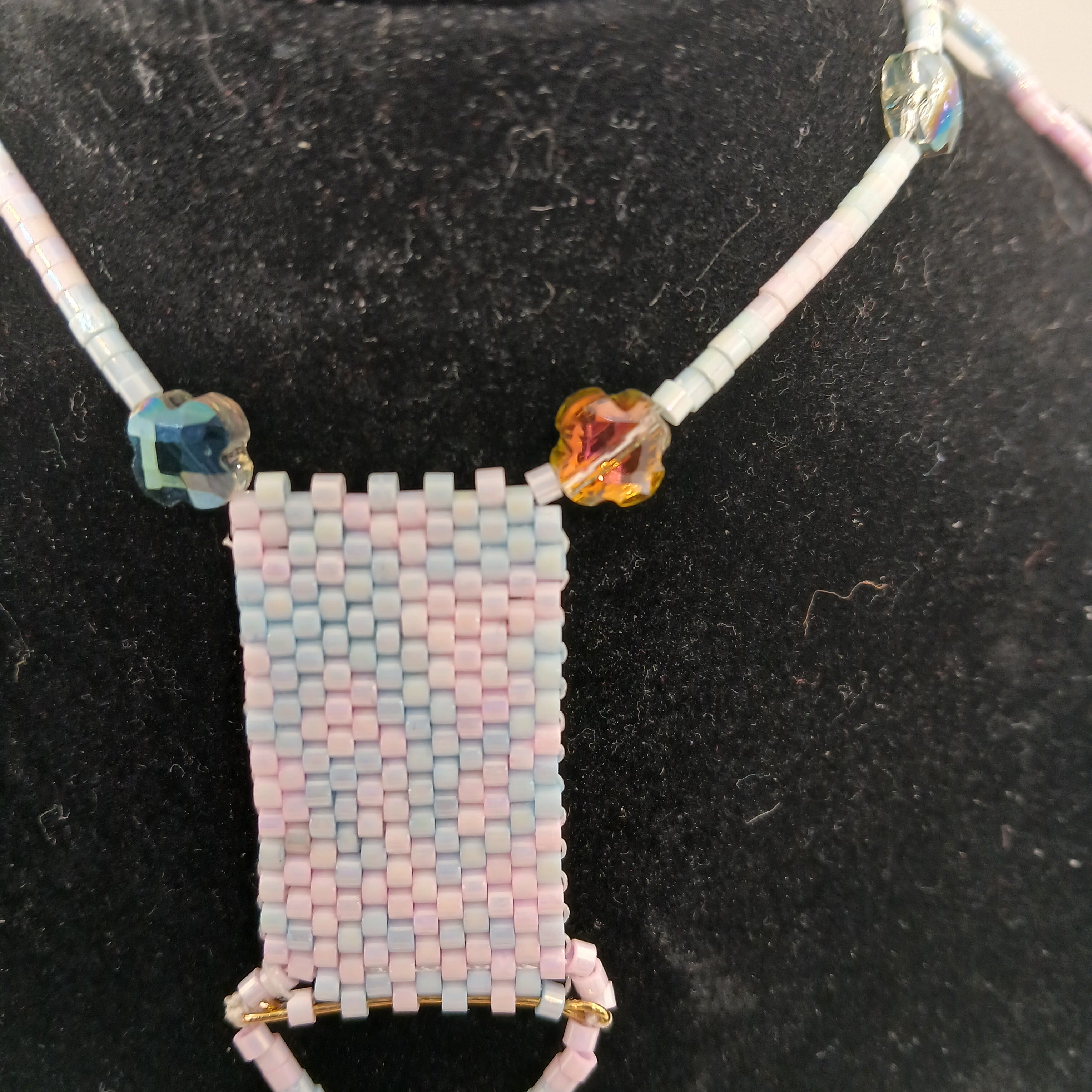 Original Hand-Beaded 24-Inch Necklace – Rose Quartz & Crystal Integrated Pendant – Pastel Pink & Blue – Includes USA Shipping