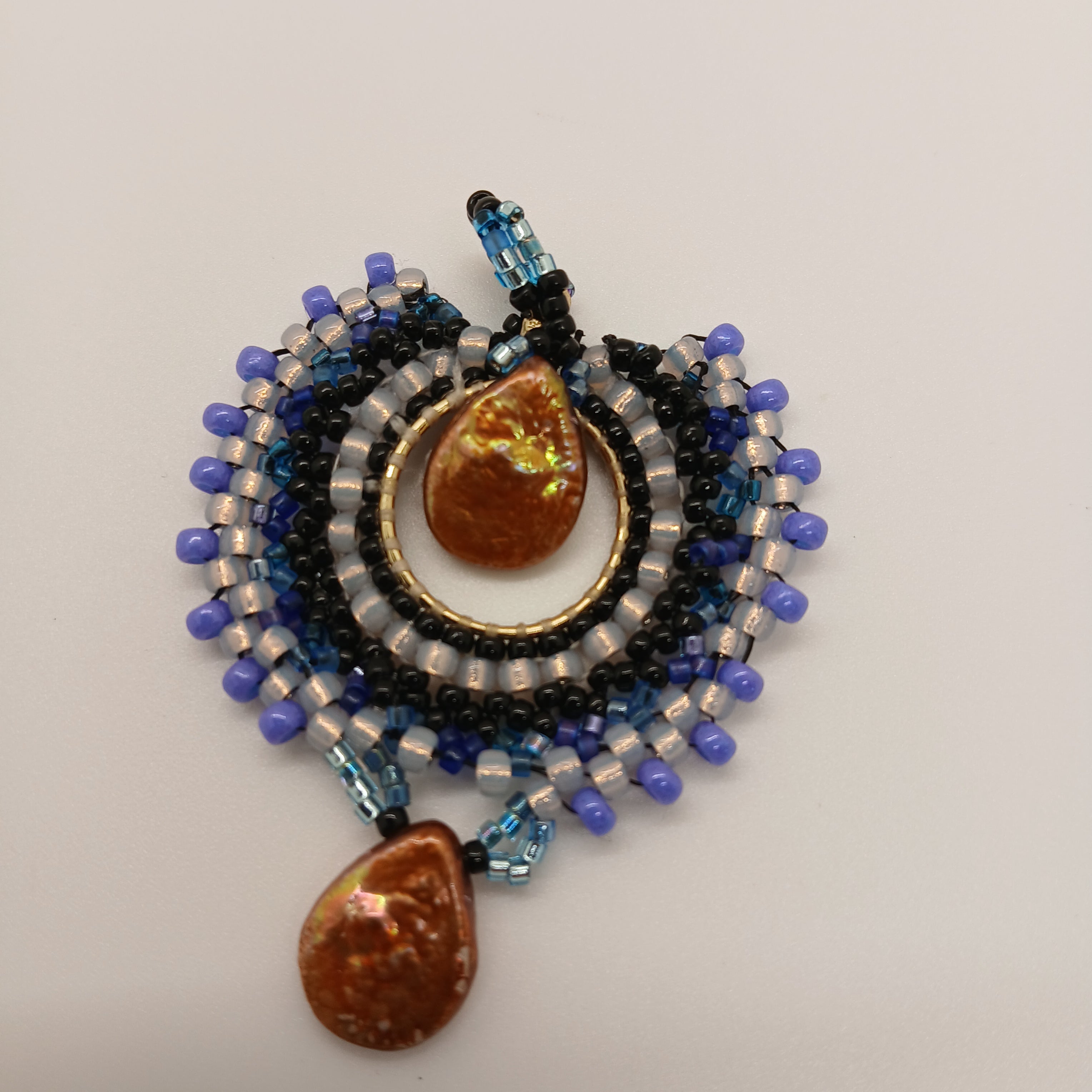 Hand-Beaded Round Focal Pendant – Mixed Delica & Dyed Pearl Accents – Teal, Gold, and Bronze – One of a Kind – Includes USA Shipping