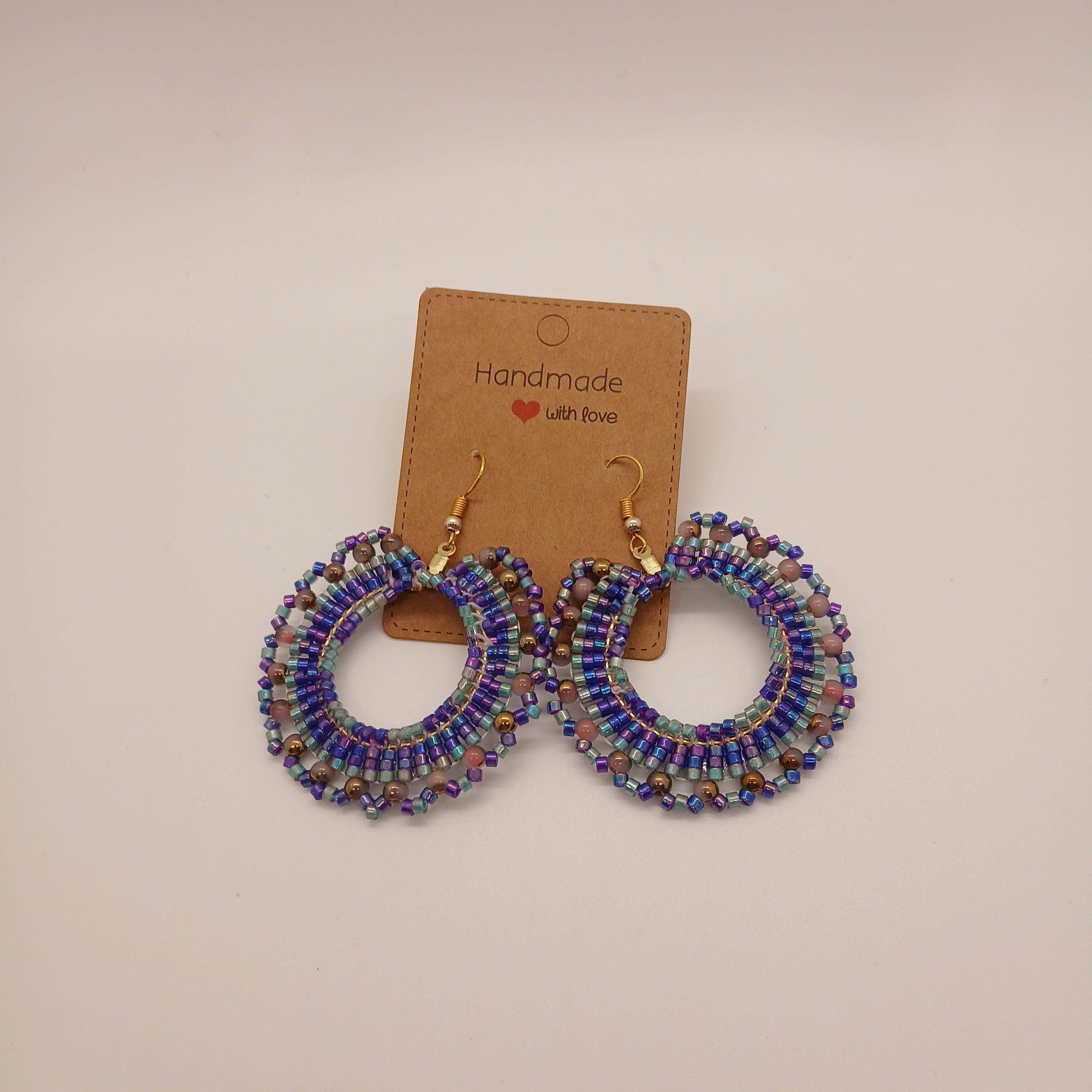 Hand-Beaded Iridescent Hoop Earrings – Multi-Toned Blue, Purple, & Teal – Nickel-Free Gold-Toned Hooks – Artisan Statement Jewelry – Includes USA Shipping