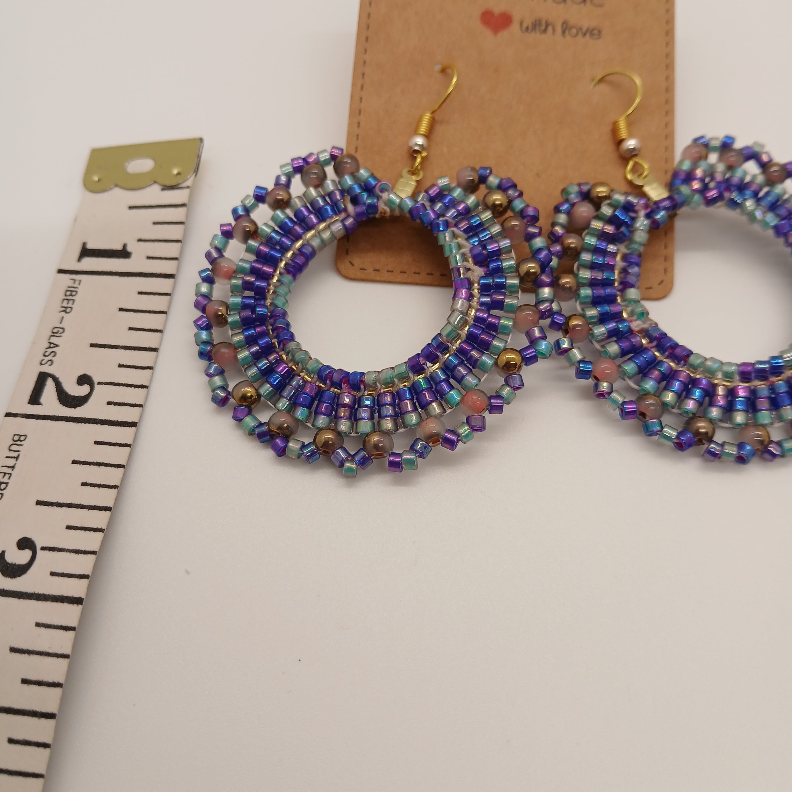 Hand-Beaded Iridescent Hoop Earrings – Multi-Toned Blue, Purple, & Teal – Nickel-Free Gold-Toned Hooks – Artisan Statement Jewelry – Includes USA Shipping
