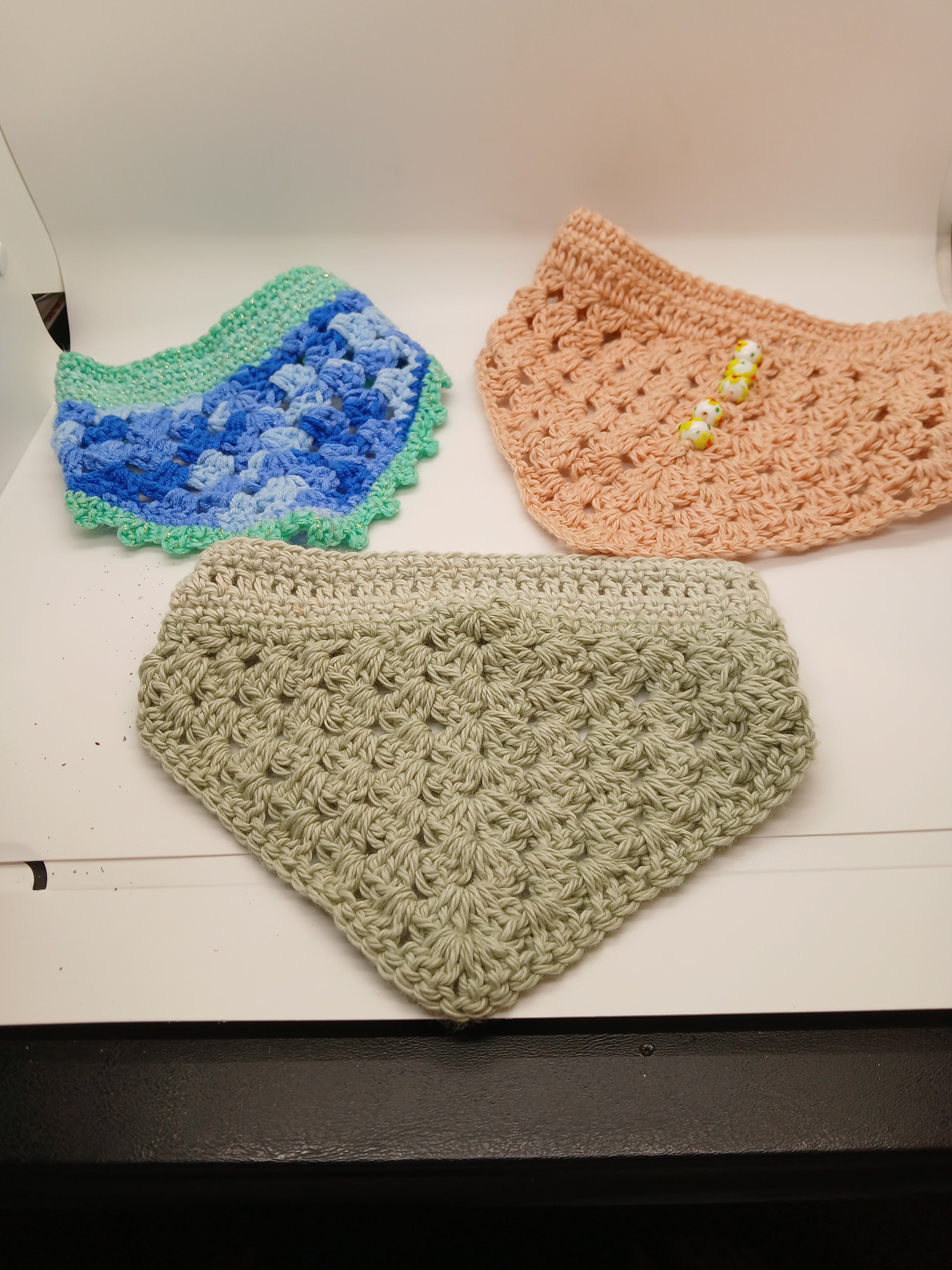 3 piece gift set for dog lovers - crochet, adjustable dog bandanas. Made in the USA. Ships within the USA only. Free shipping and handling. Various colors 