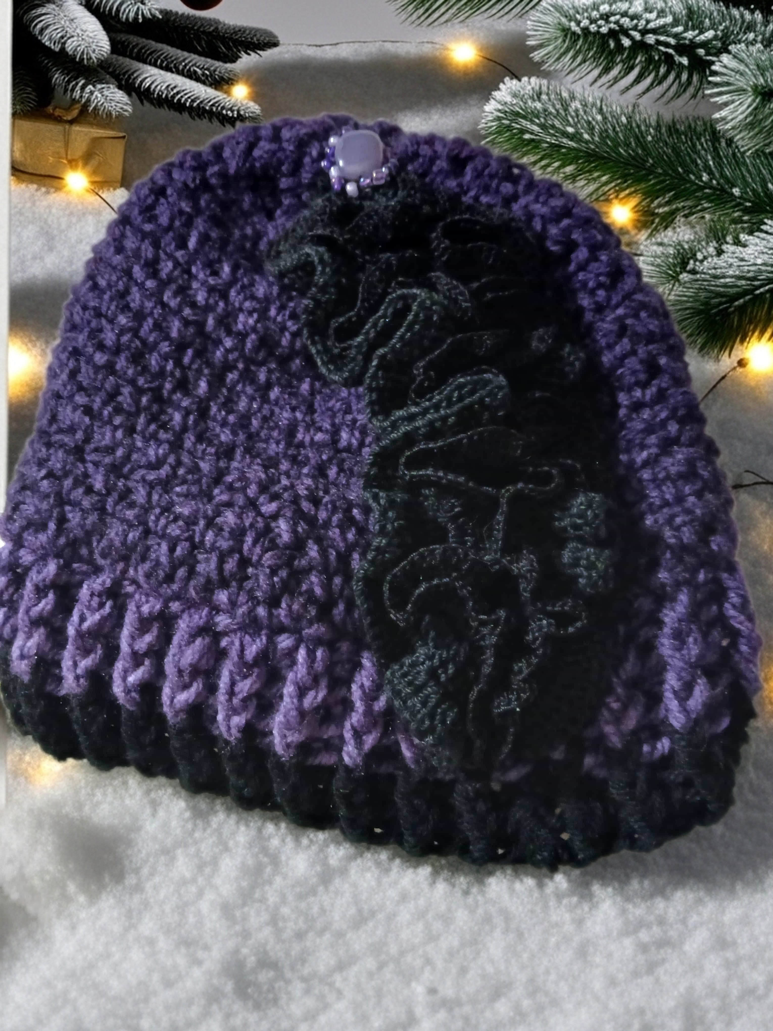 Hand Crochet Hat - Vintage inspired dark purple with crochet black ruffle and bead accent.