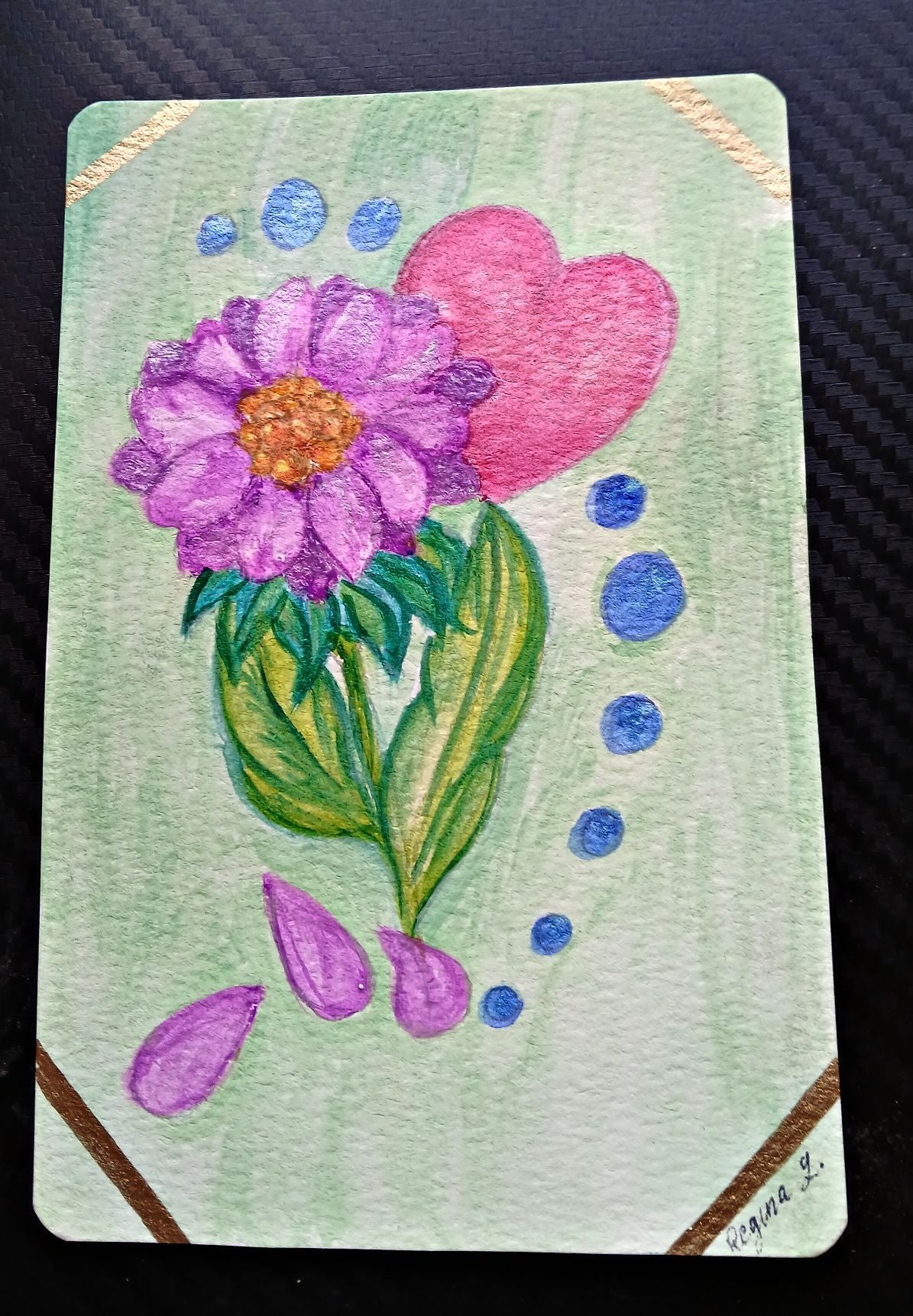 "Golden Bloom" – Original hand-painted Watercolor Floral & Heart Mini Art in Notecard size by Oma Regina