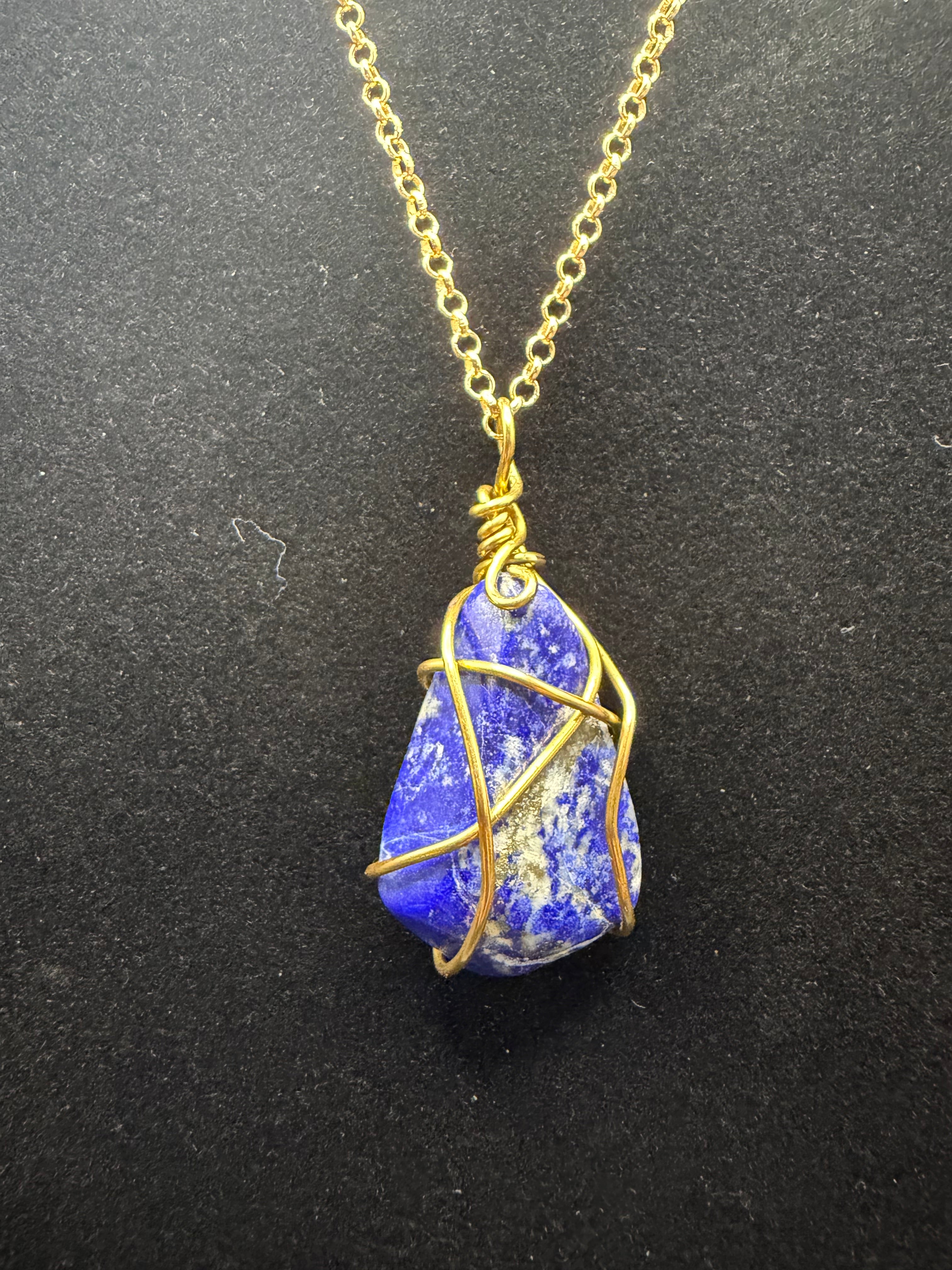 Gold-Finished Wire-Wrapped Lapis Lazuli Pendant
