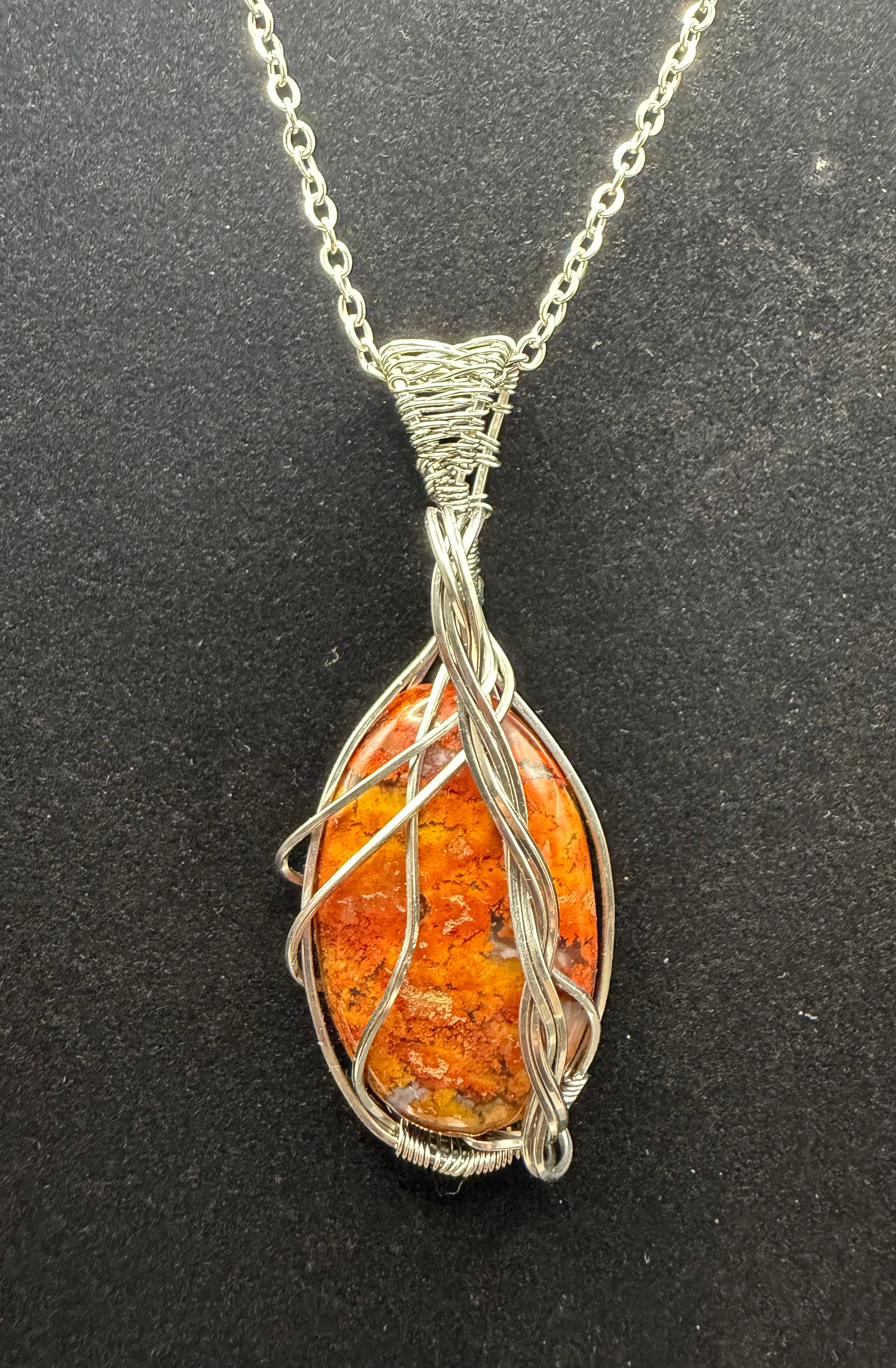 Stainless Steel Wire-Wrapped Brecciated Jasper Pendant