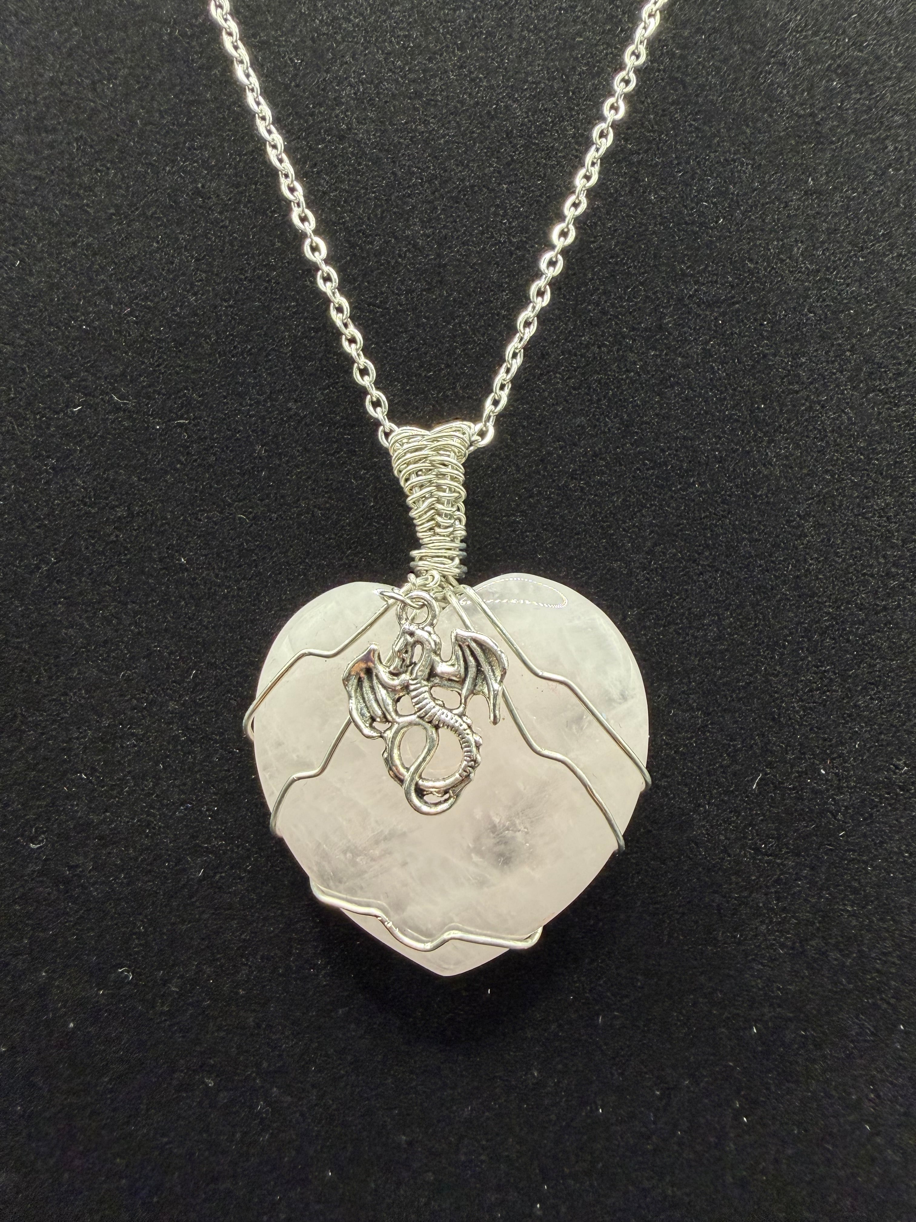 Scale & Halo Guardian Dragon Pendant | Wire-Wrapped Rose Quartz Heart