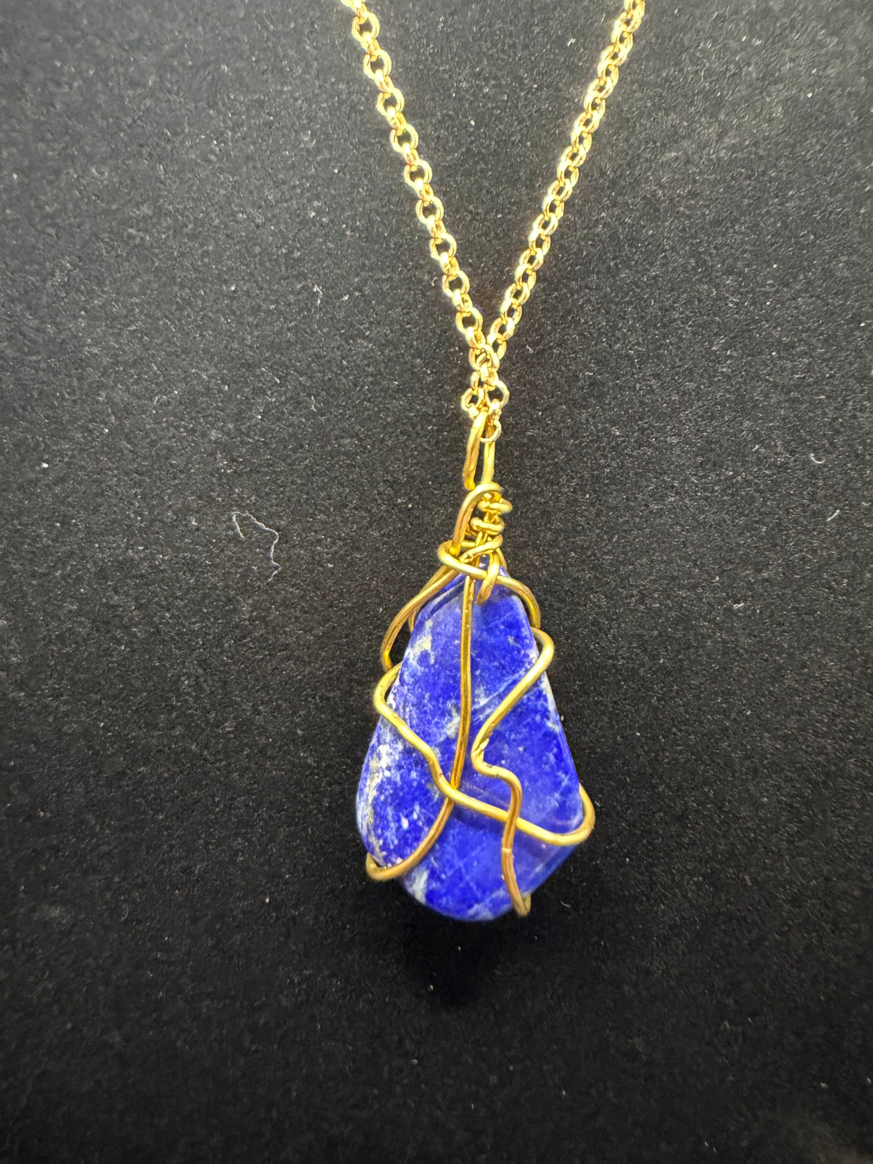 Gold-Finished Wire-Wrapped Lapis Lazuli Pendant