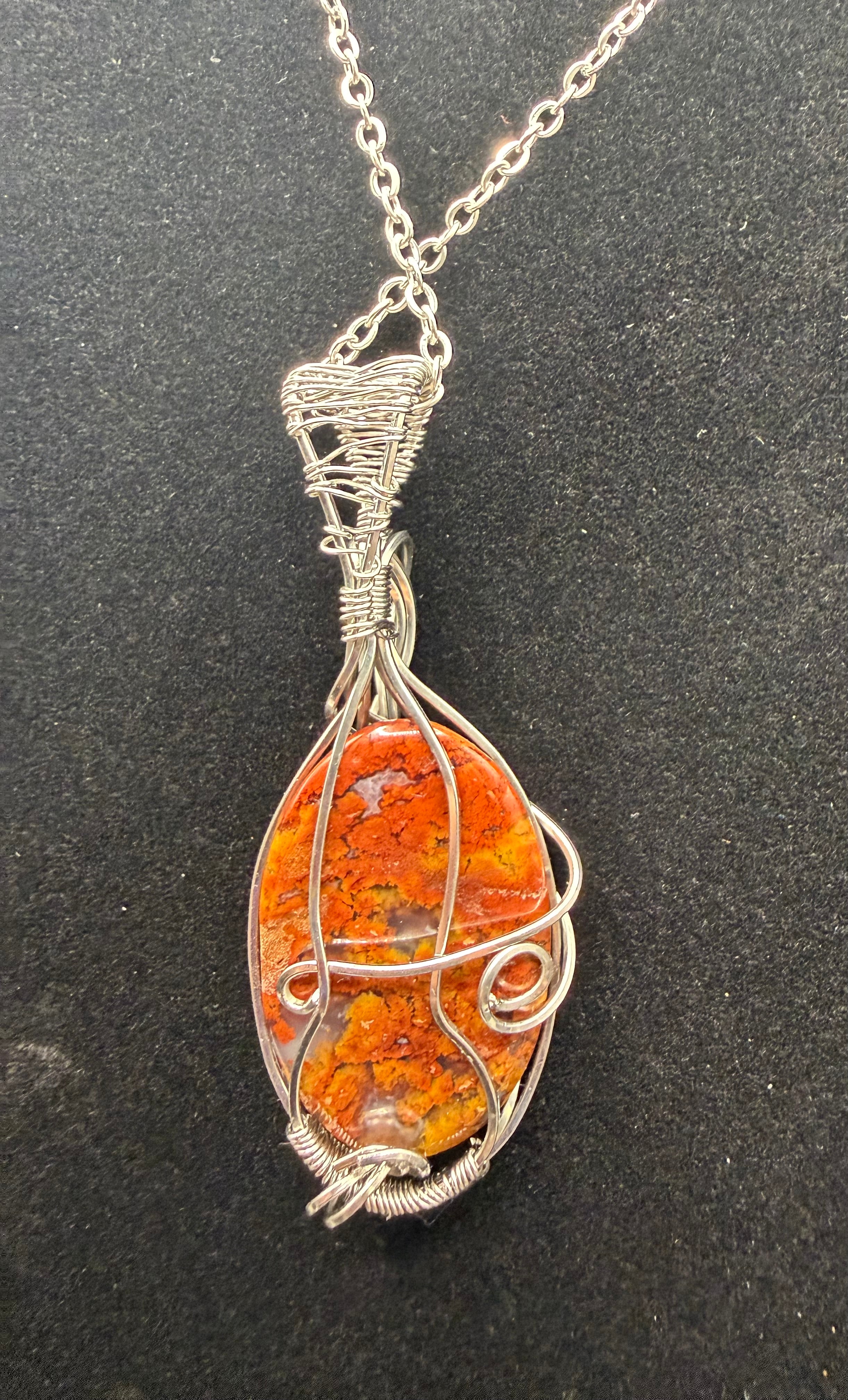 Stainless Steel Wire-Wrapped Brecciated Jasper Pendant