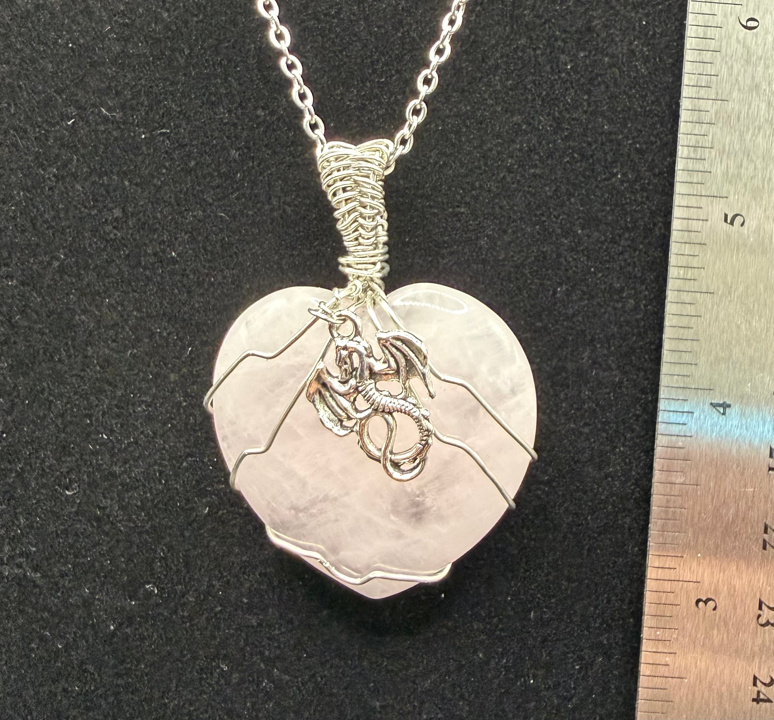 Scale & Halo Guardian Dragon Pendant | Wire-Wrapped Rose Quartz Heart