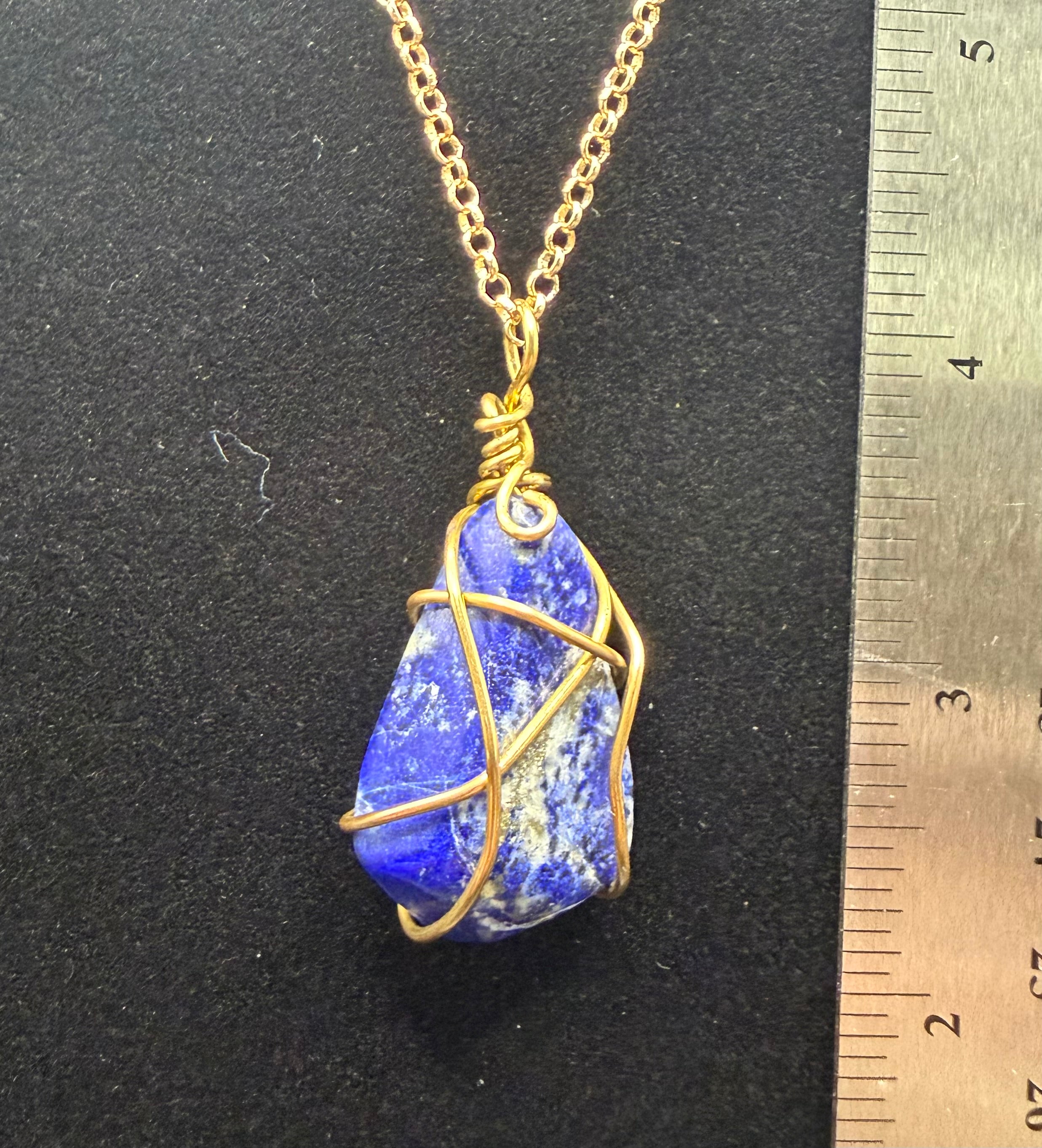 Gold-Finished Wire-Wrapped Lapis Lazuli Pendant