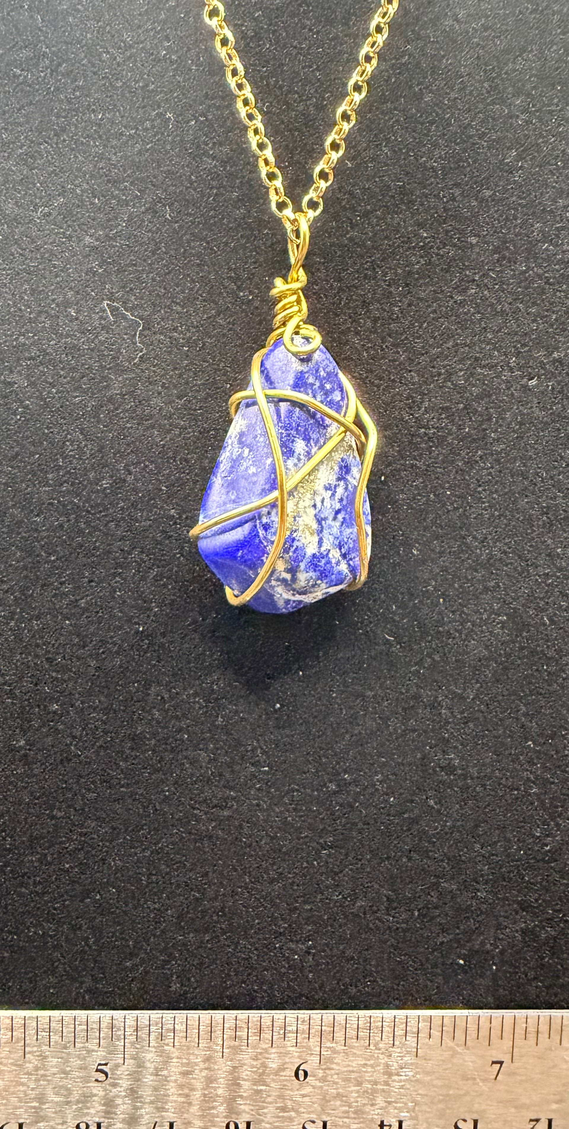 Gold-Finished Wire-Wrapped Lapis Lazuli Pendant