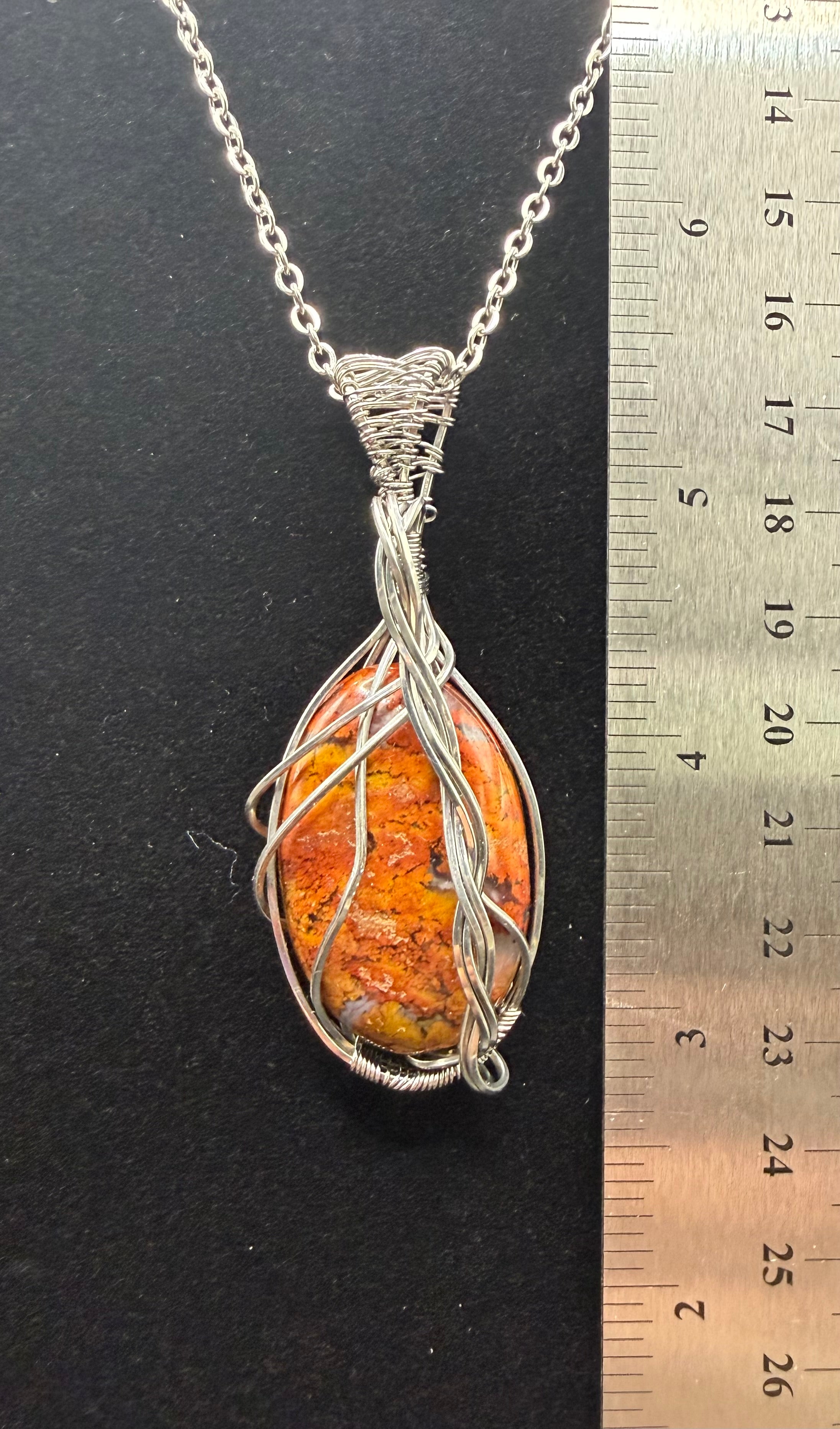 Stainless Steel Wire-Wrapped Brecciated Jasper Pendant