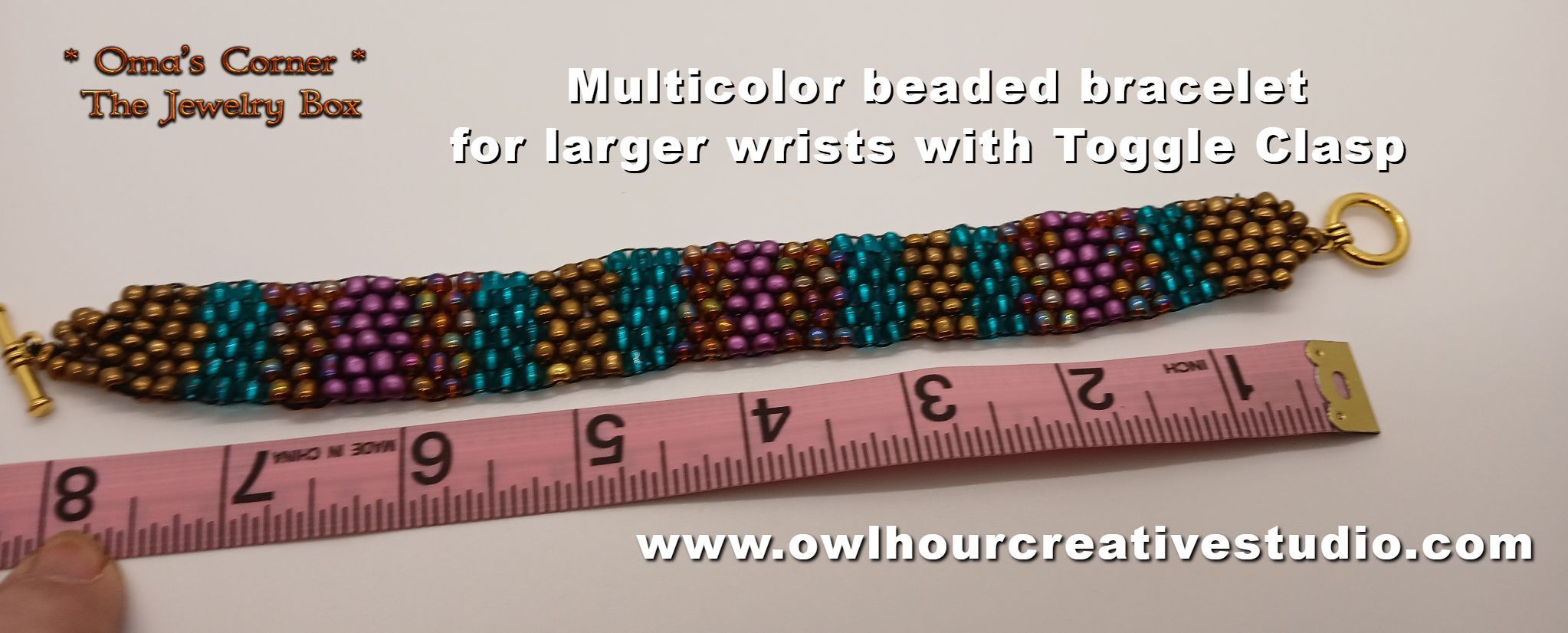 Multicolor beaded bracelet for larger wrists with toggle clasp