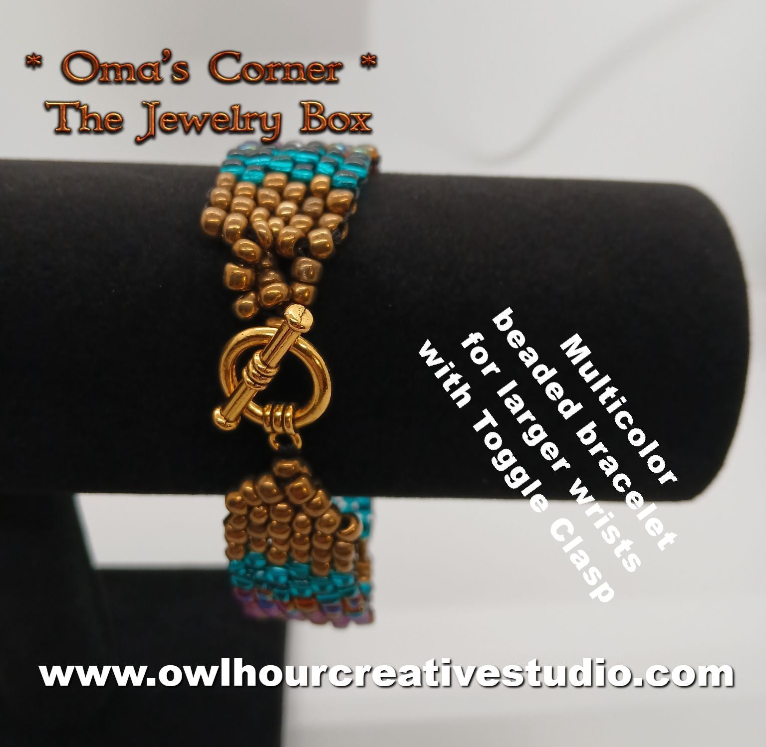 Multicolor beaded bracelet for larger wrists with toggle clasp