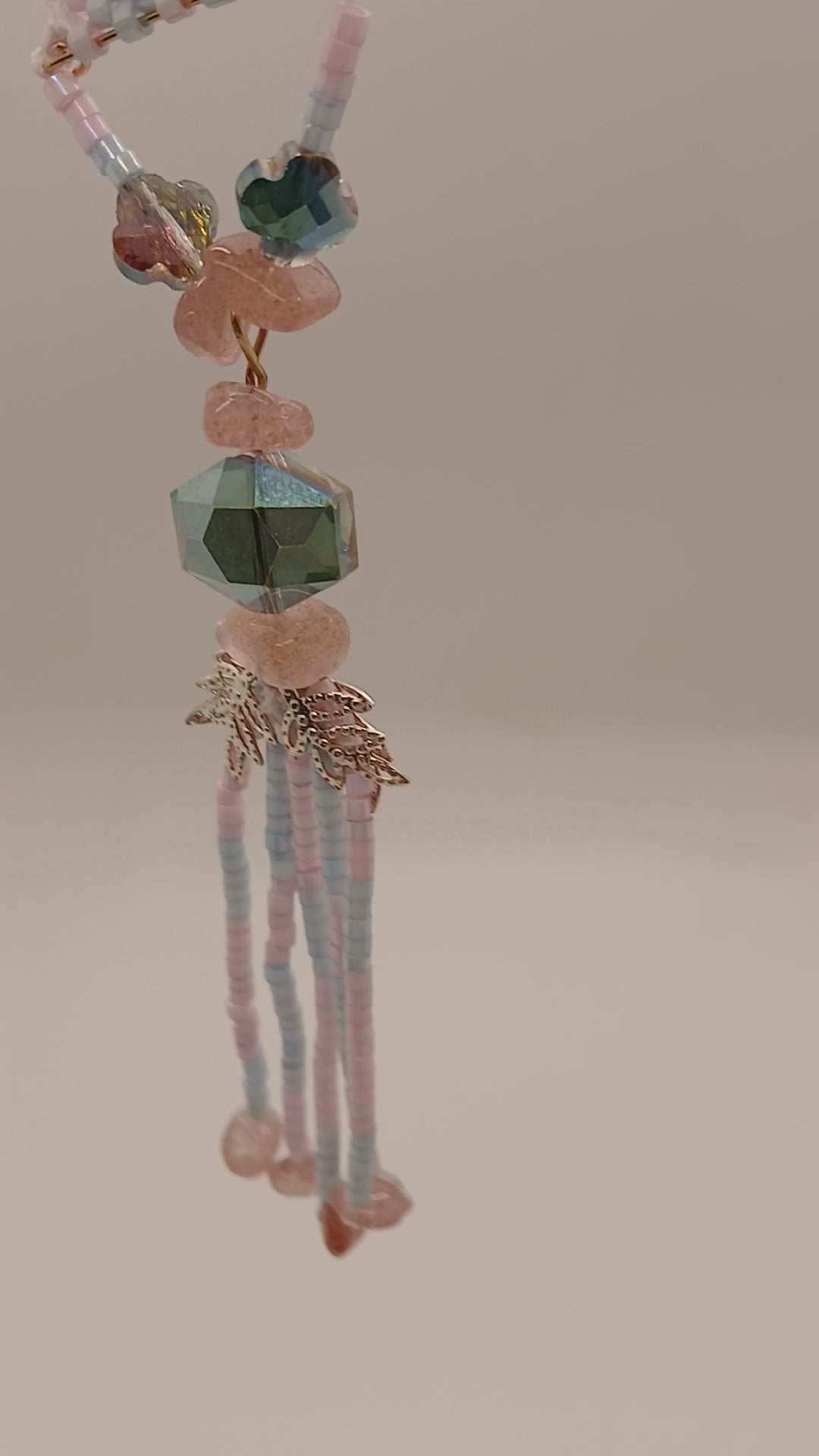 Original Hand-Beaded 24-Inch Necklace – Rose Quartz & Crystal Integrated Pendant – Pastel Pink & Blue – Includes USA Shipping