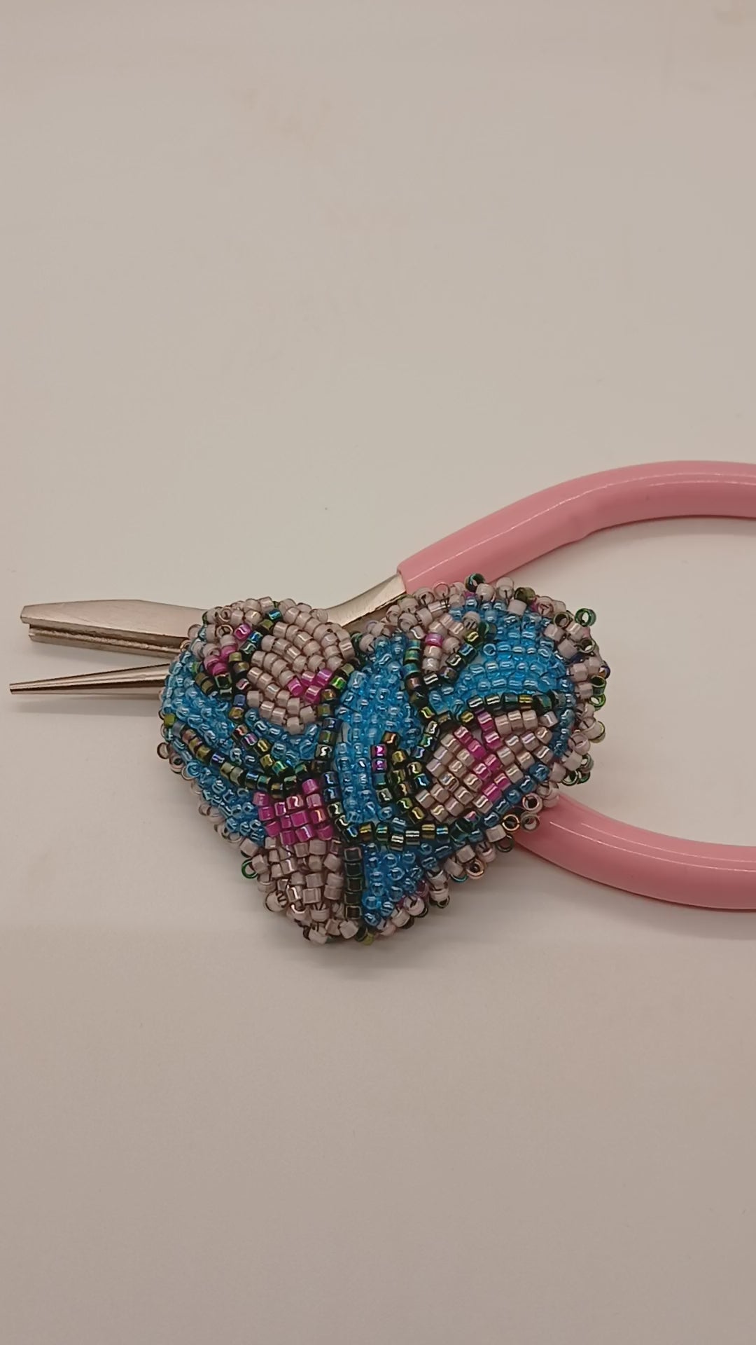 Hand-Beaded Heart Brooch - Iridescent Mosaic Statement Pin in Blue, Rose, and Pearl