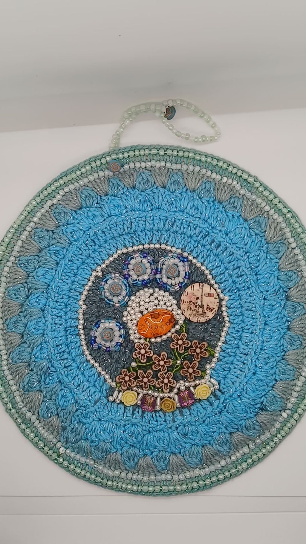 10-inch Round Crochet and Beaded Wall Decor - Eclectic Boho Fantasy Style - handmade by Oma Regina