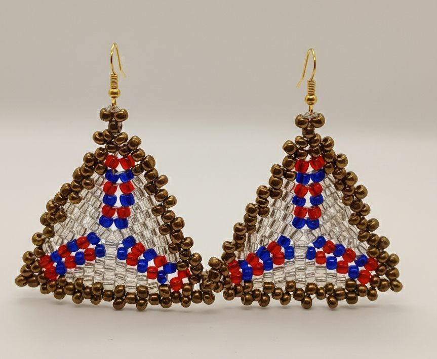 Bold 3-Piece Patriotic / Nautical hand beaded Jewelry Set - Red, White, Blue & Gold Geometric Design by Oma Regina