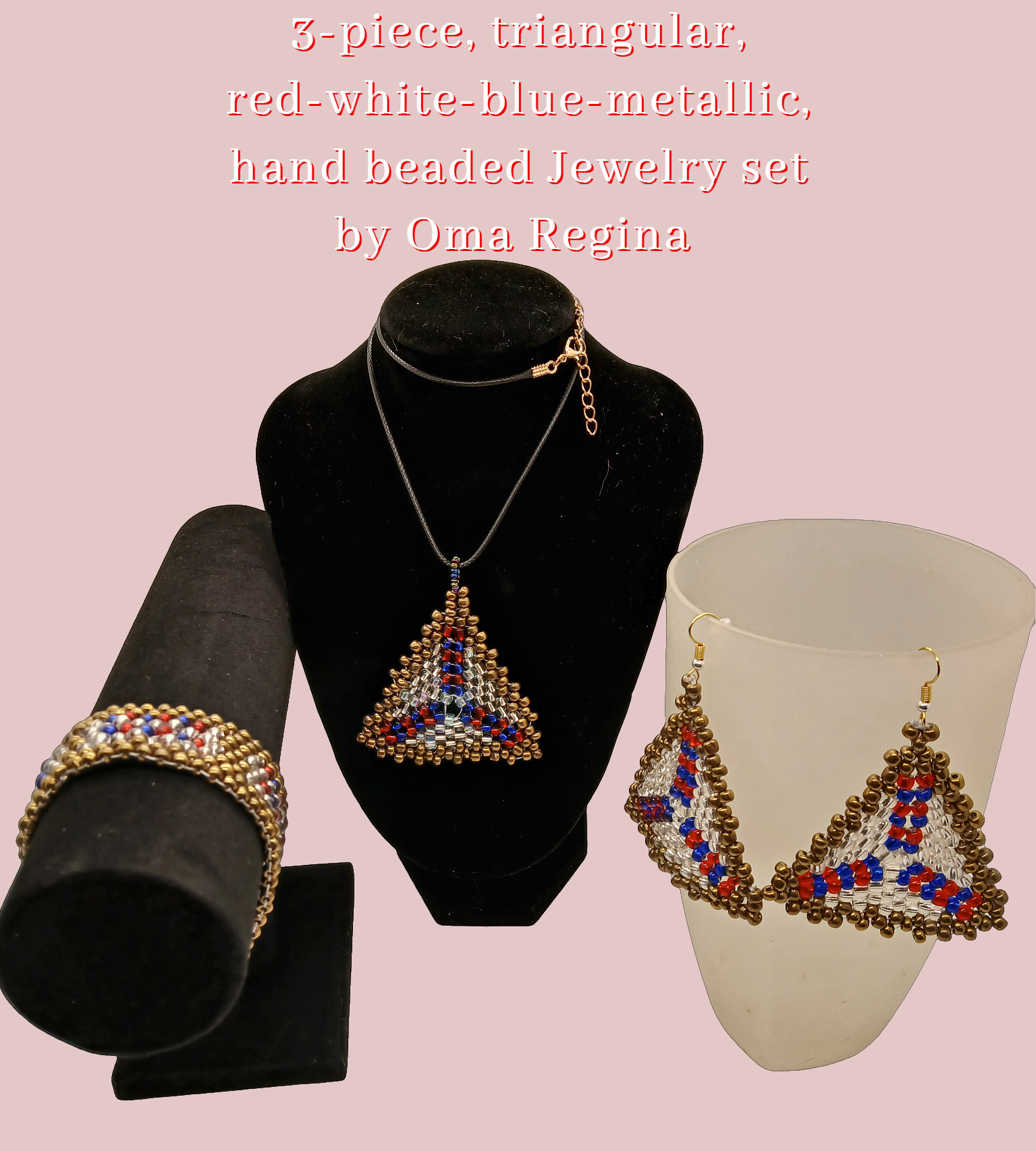 Bold 3-Piece Patriotic / Nautical hand beaded Jewelry Set - Red, White, Blue & Gold Geometric Design by Oma Regina